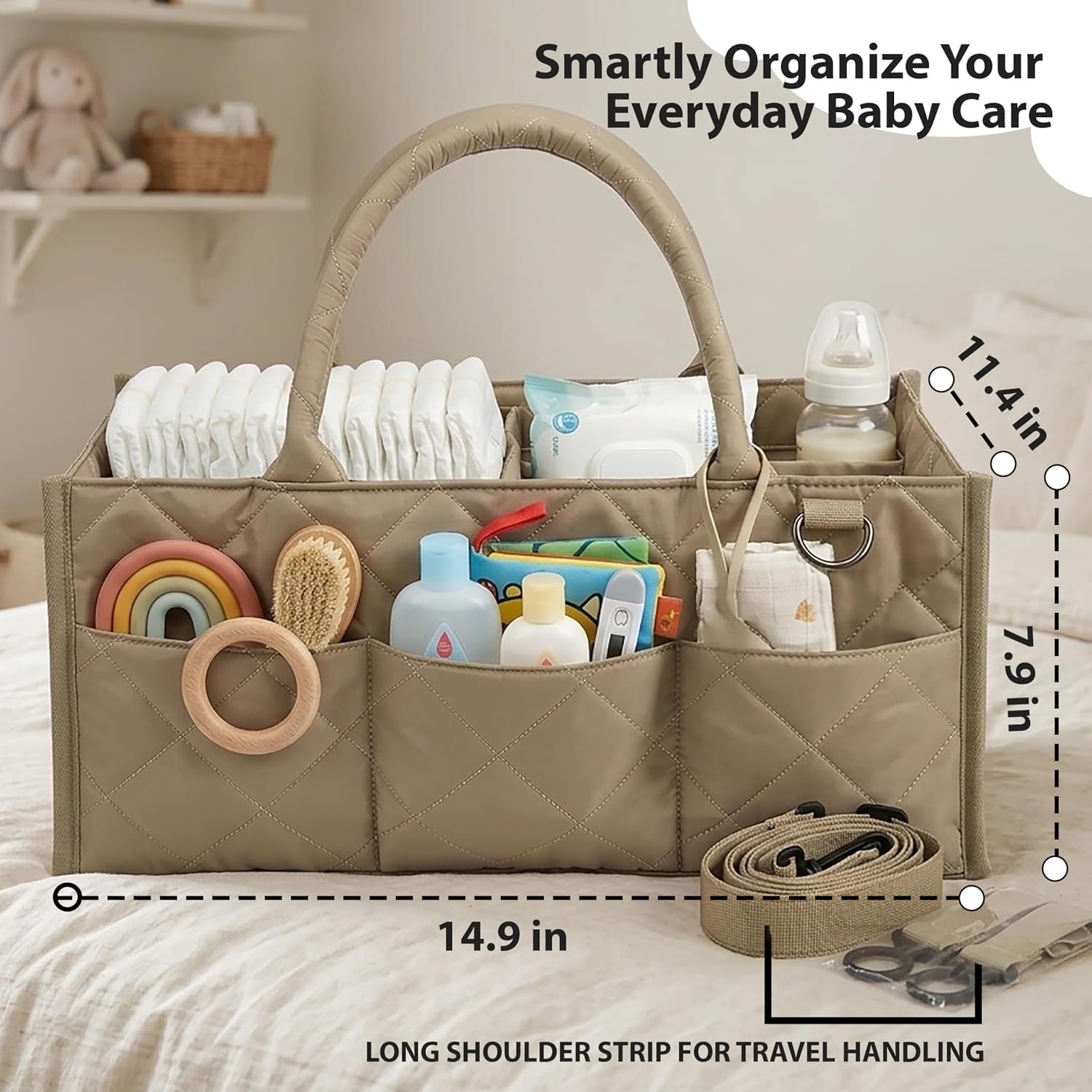 Baby Diaper Caddy Organizer, Nursery Storage Basket for Newborn Essentials, Travel Baby Basket for Diapers Baby Wipes, Organizer Tote Bag Storage Bin, Baby Shower Gifts (Khaki)