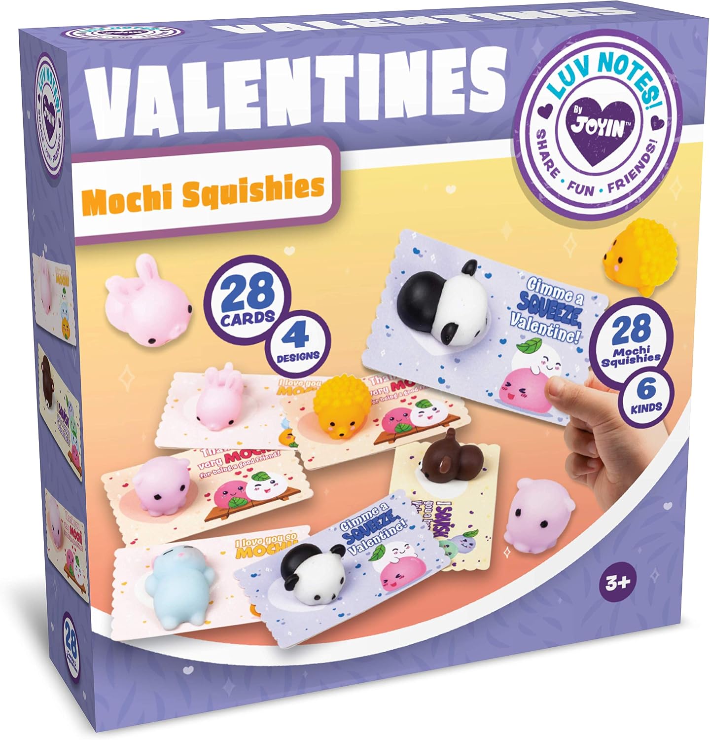 JOYIN 28 Packs Valentines Day Gift Cards with Gift Cute Kawaii Mochi Squishy to Squeeze Stress Relief Fidget Toy Mochi Squishy Toys for Kids, Classroom Exchange Prizes Valentine Party Favor Toy