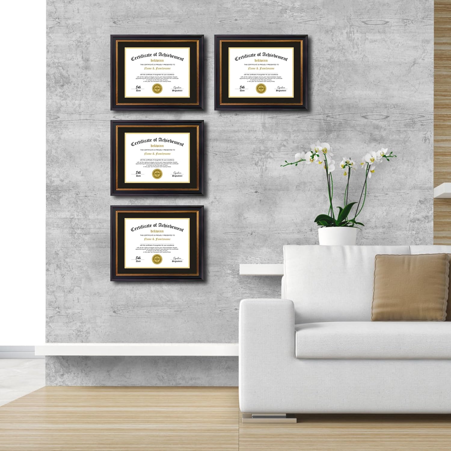 Diploma Frames 8.5x11 with Mat or 11x14 certificate without Mat,Set of 4 Document Frame with Real Glass,Black Gold & Burgundy Molding(Black/Gold Double Mat)