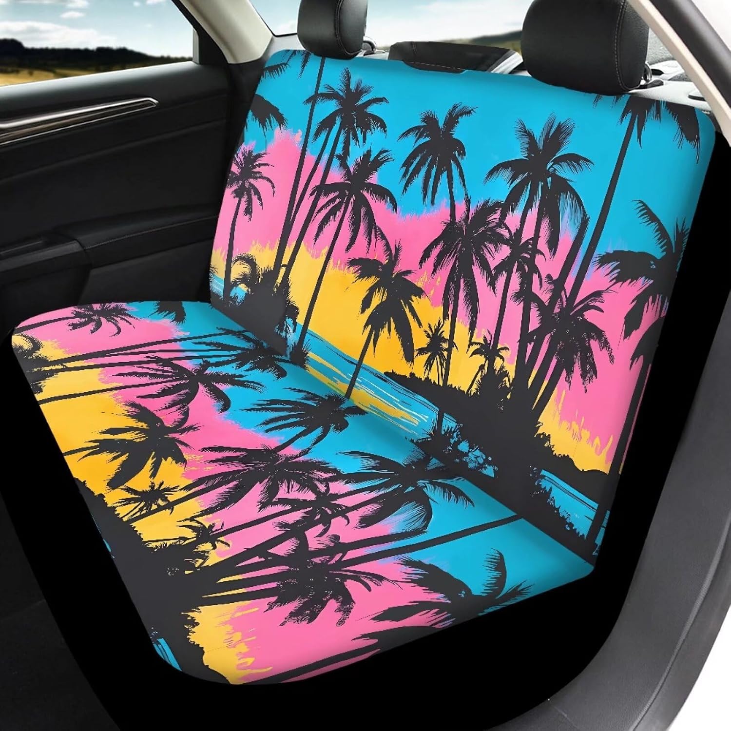 Palm Beach Print All Season Car Seat Covers Front Rear Breathable Design Universal Fit