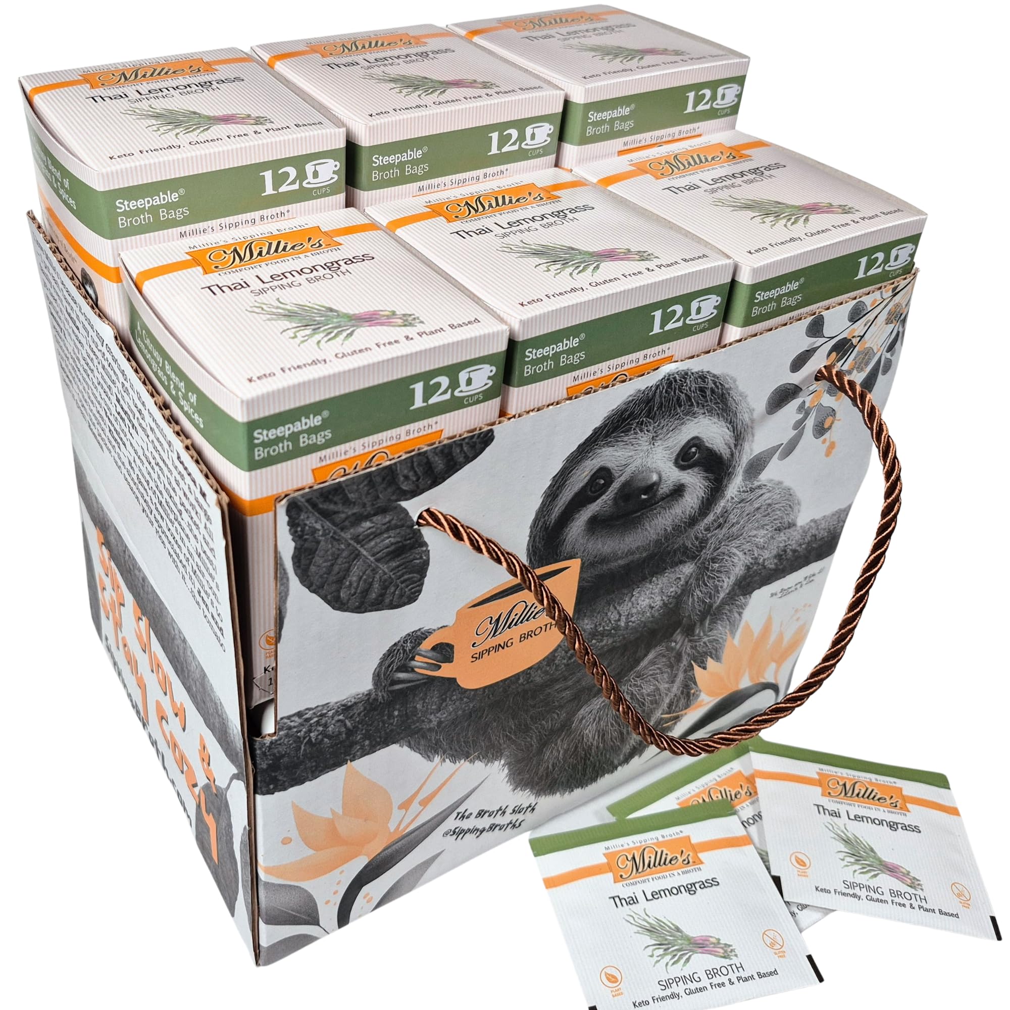 MILLIE'S THAI LEMONGRASS SIPPING BROTH | Vegetable Broth with Savory Seasonings for Snack Urges | Vegan, Keto, Gluten Free, Intermittent Fasting, and natural | (6 Pack - 72 Broth Bags Total)