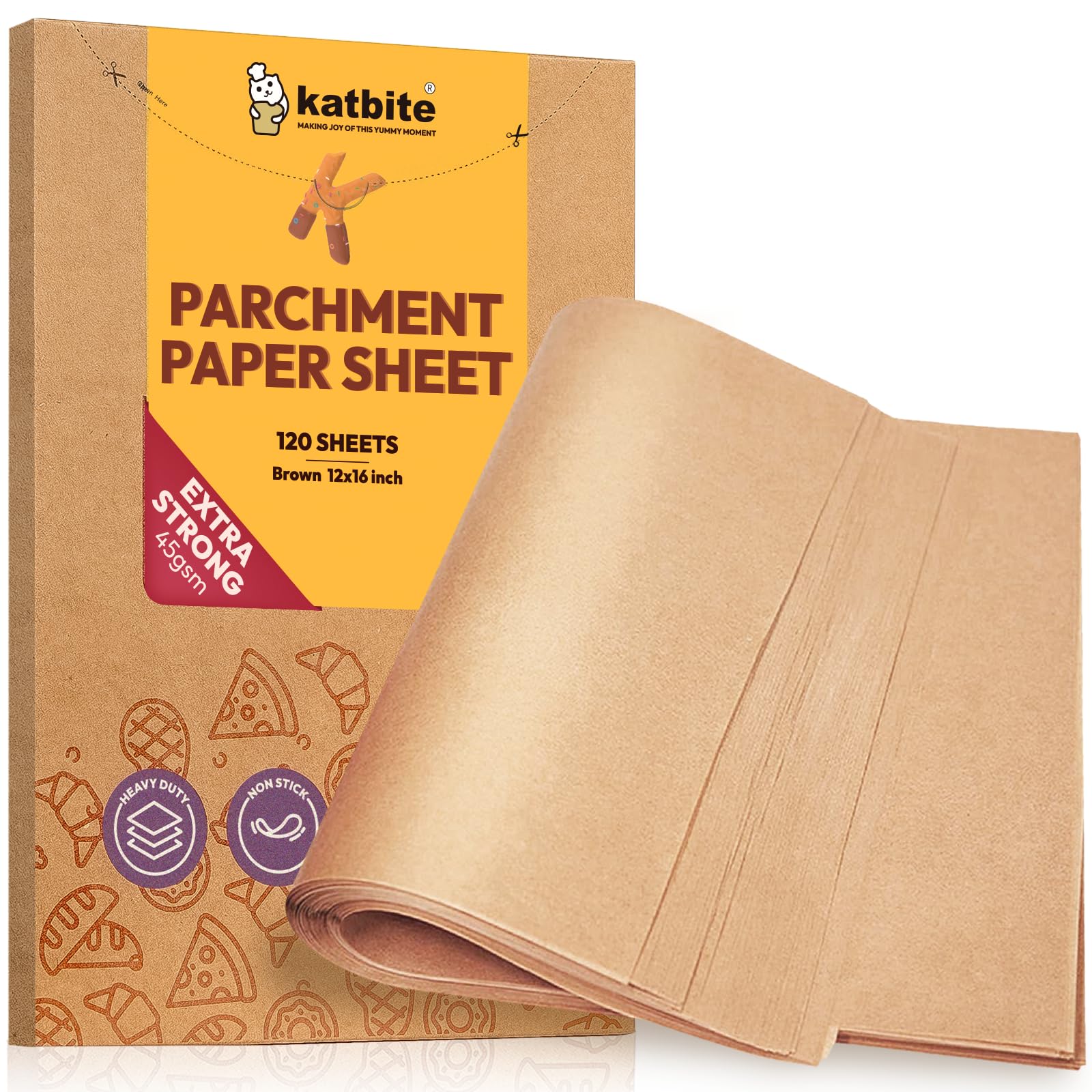 Katbite Unbleached Parchment Paper Baking Sheets, 120Pcs 12x16 Inch Parchment Paper for Baking, Heavy Duty & Non-stick
