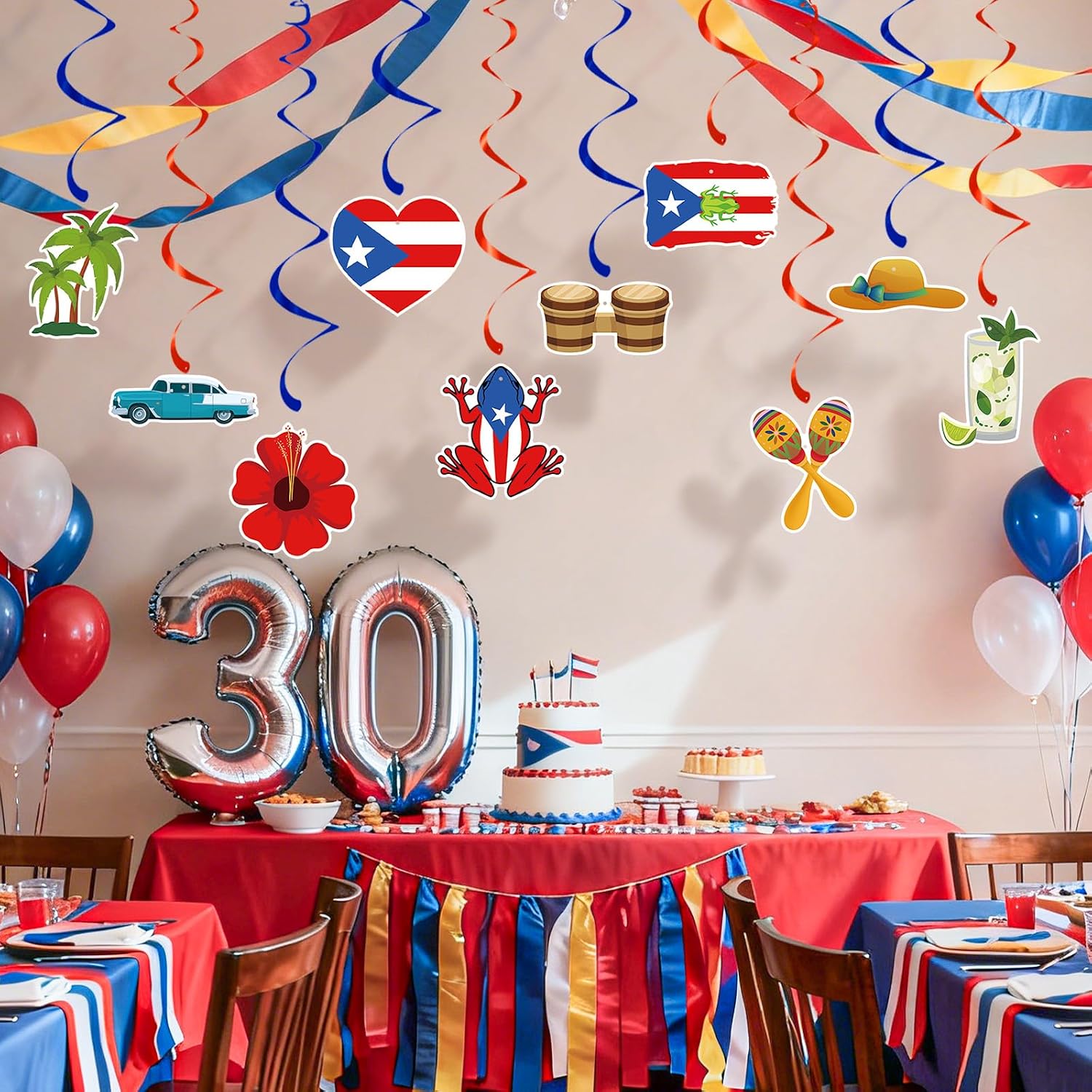 24 Pcs Puerto Rico Hanging Swirls Decorations, Red and Blue Foil Ceiling Swirls with Coquí Frog, Flag, Hibiscus, Maracas, and Tropical Design for Boricua Birthday, Fiesta, and Heritage Party Supplies