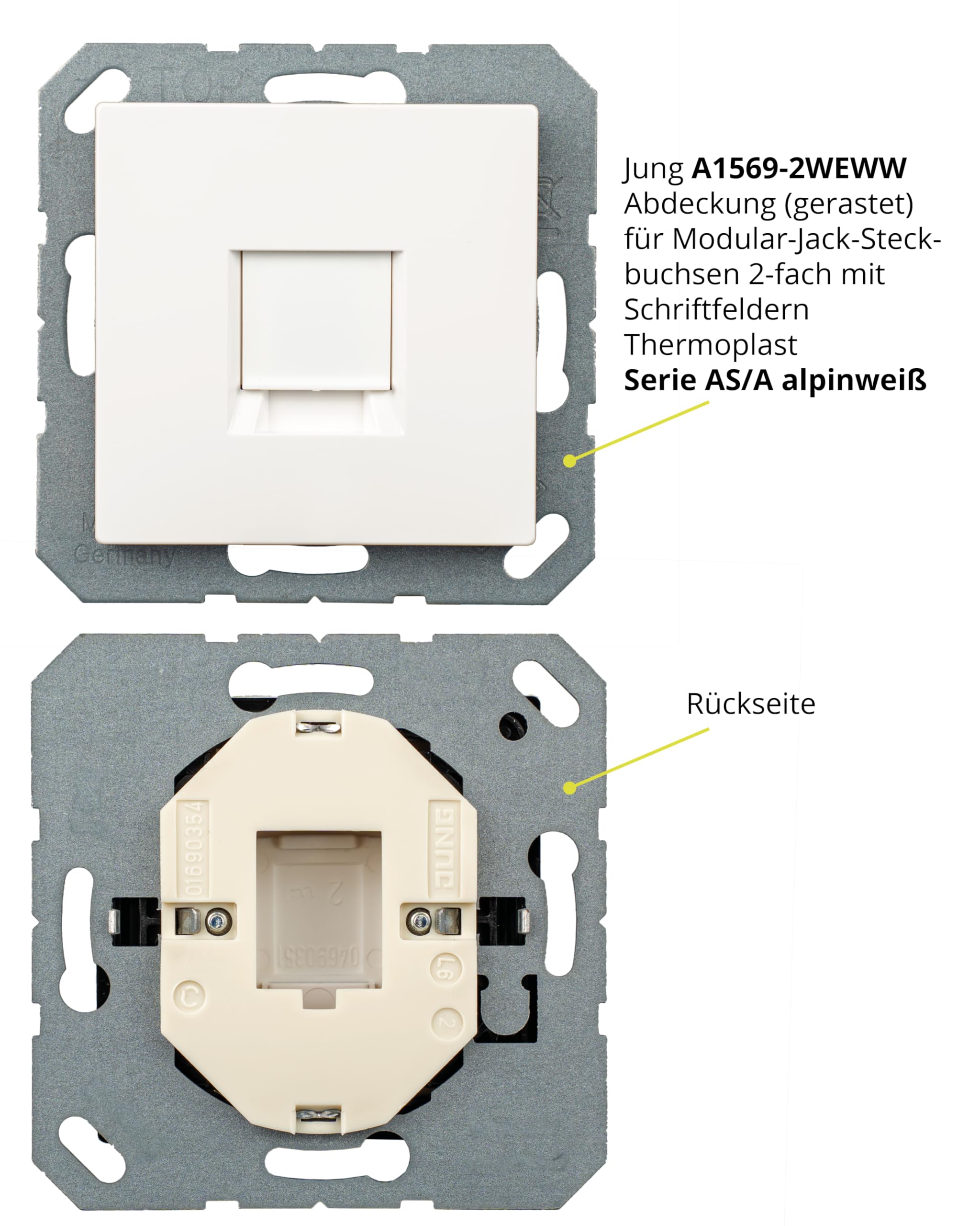 Zestaw puszek danych - Jung osłona pojedyncza A569-1NWEWW i pojedyncza ramka AS581WW wraz z 1 x Keystone Jack Module Cat.6A 500 MHz 10Gbit ..