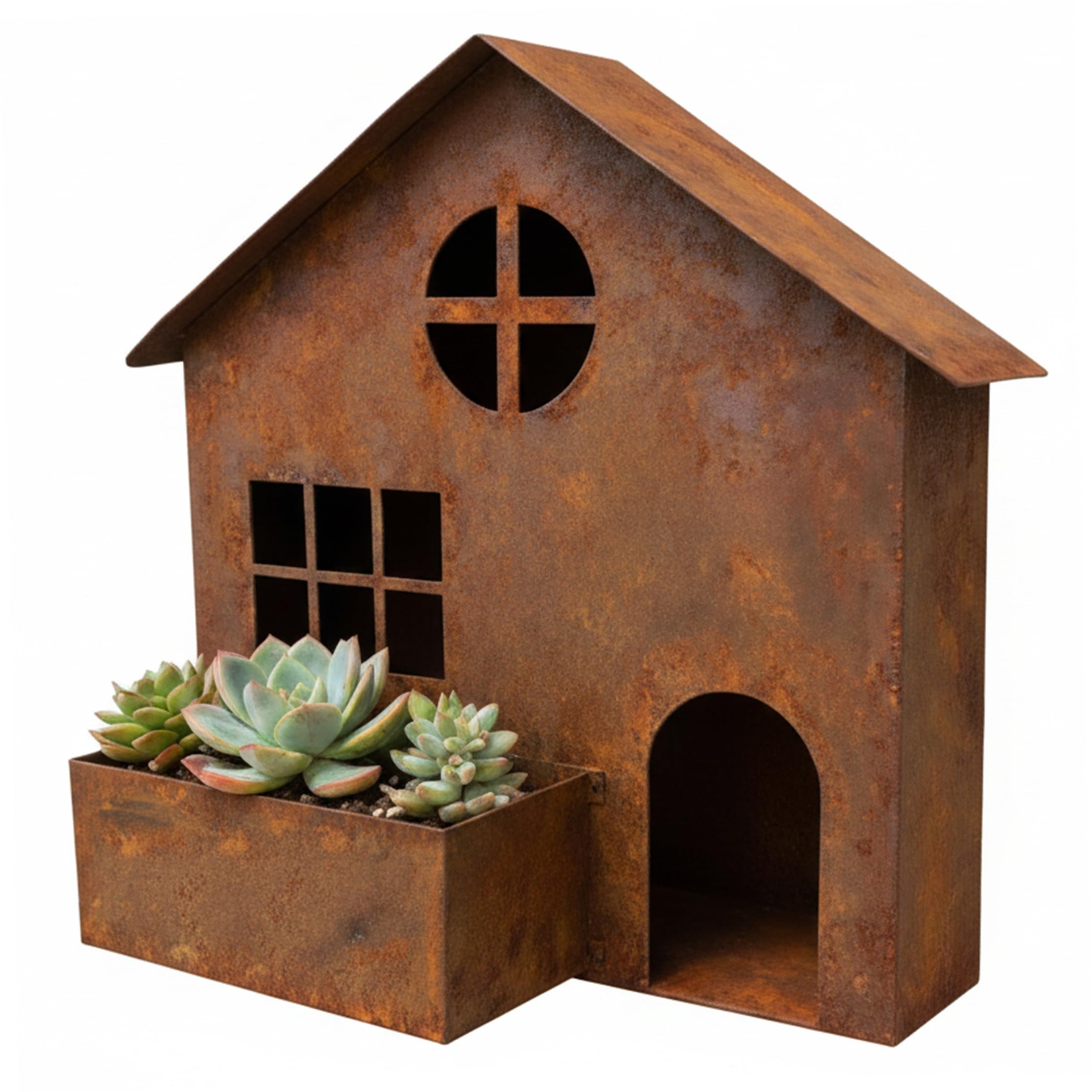 Terrassen-Wanddekoration, 1er-Pack Outdoor-Wandkunst-Vogelhaus aus Metall, Gartendekoration aus verrostetem Eisen und Pflanzgefäß