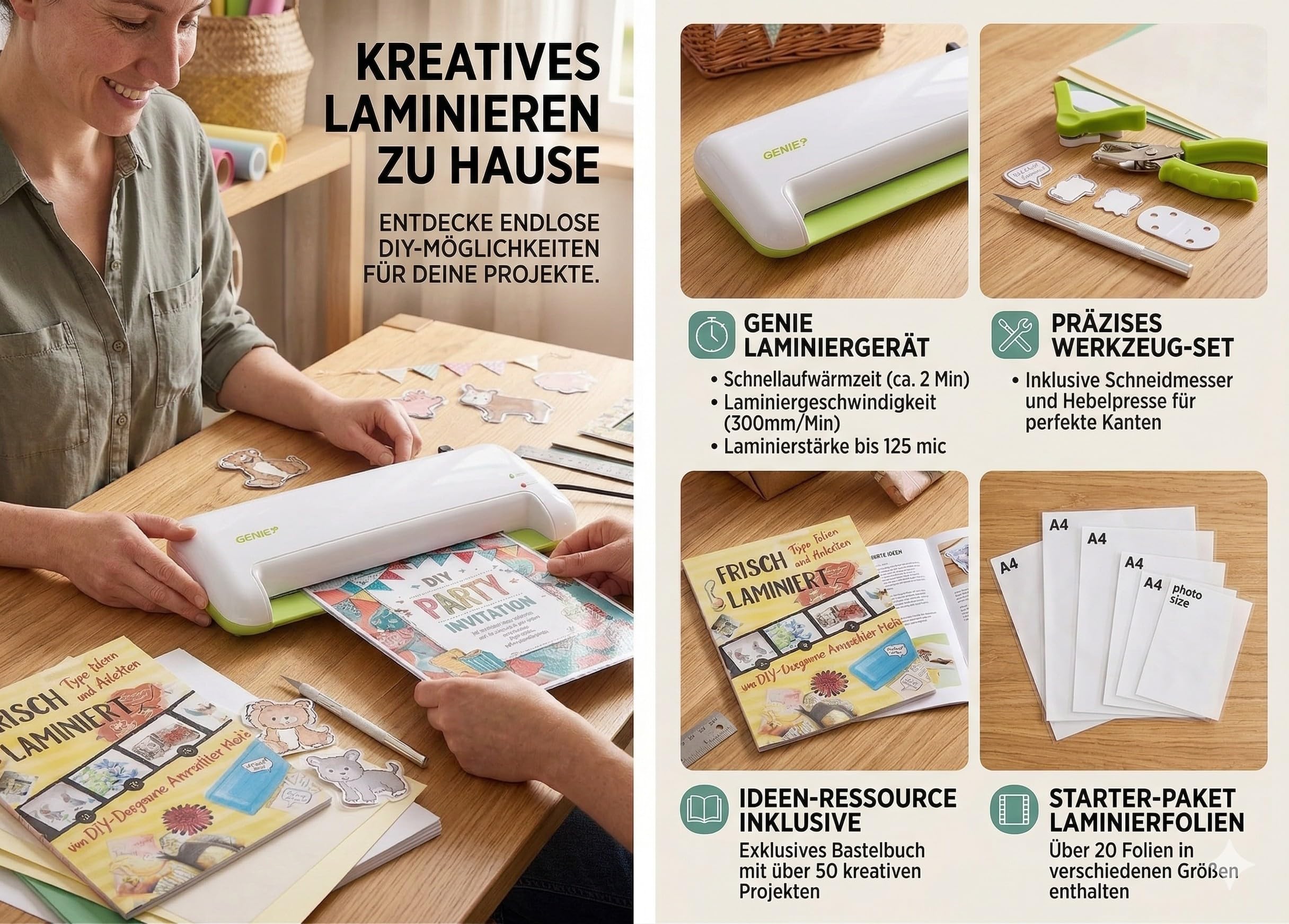 GENIE Juego creativo de laminación 4 en 1 para manualidades, plastificadora, paquete creativo, paquete de manualidades, láminas de laminación