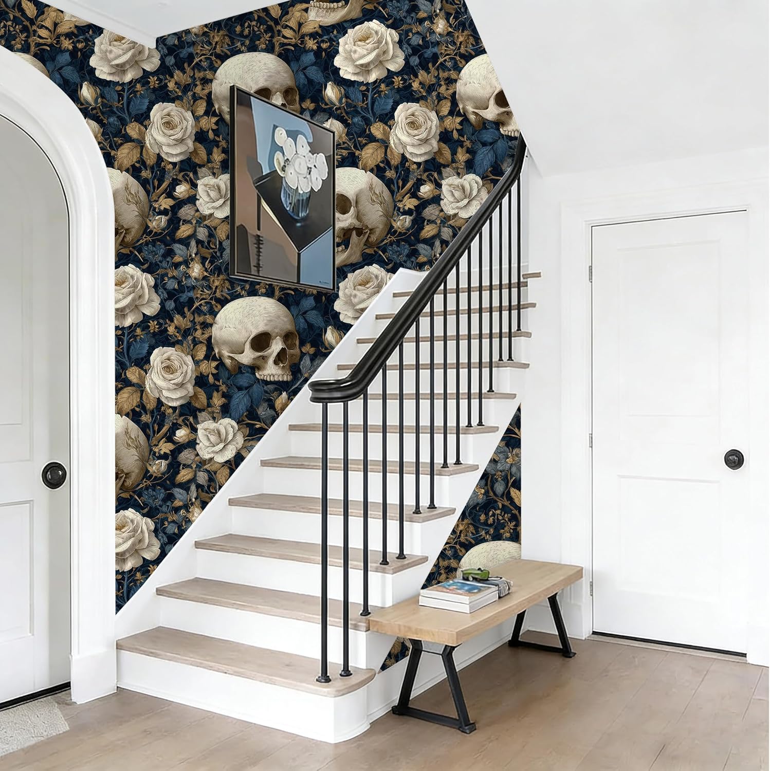 Peel and Stick Wallpaper - Gothic Dark Blue Skull & White Rose, Removable Self-Adhesive Mural for Living Room & Accent Wall, Edgy Luxe Decor, 17.7x236 Inch