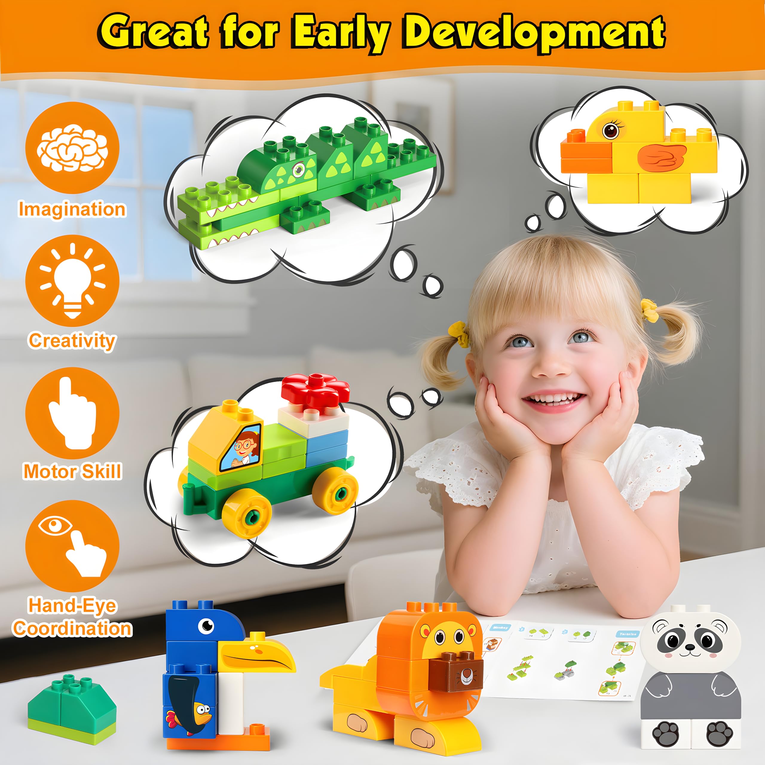 MOONTOY Gros Blocs de Construction 125 Pièces Briques de Construction Créatives Jouet de Construction Colorés pour Enfant Jeux de Construction pour Enfant de 2 à 5 Ans Cadeau Anniversaire Noël ou Fête