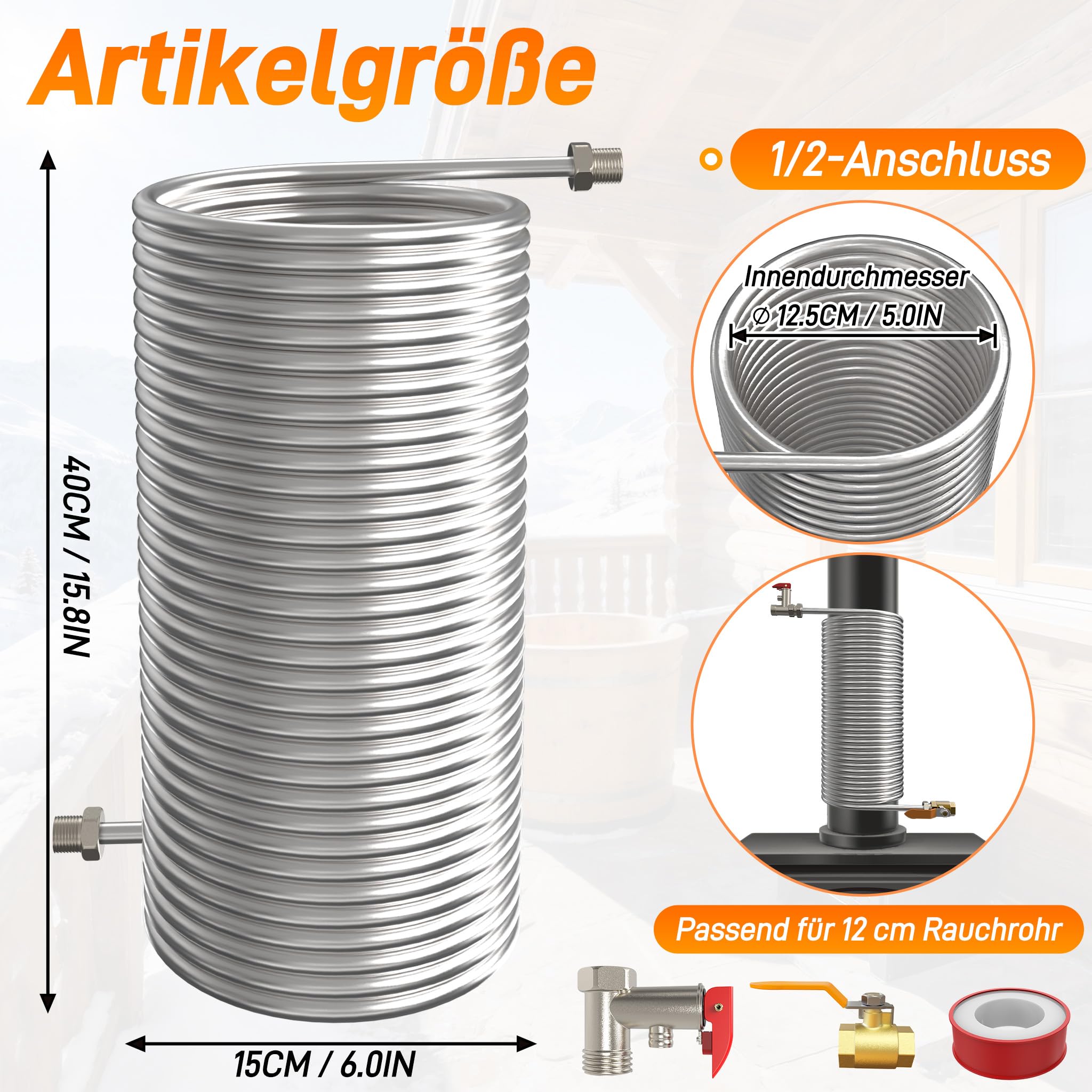 LZQ Edelstahl Rauchrohr Wärmetauscher Spirale, Flexible Heizschlange Schornsteinheizung Wärmetauscherspule für Wassererwärmung, Abgaswärmetauscher für Kamin & Ofen, 12,5 cm Innenmaß, 1/2'' Anschluss