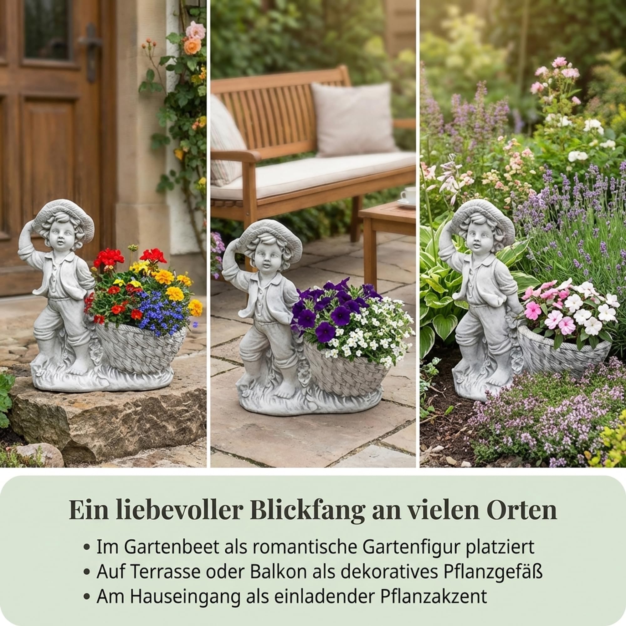 gartendekoparadies.de Figurine garçon en Pierre Solide avec jardinière, Hauteur 39 cm, 1 Litre, Gris, Poids 10 kg, en Pierre moulée résistante au Gel