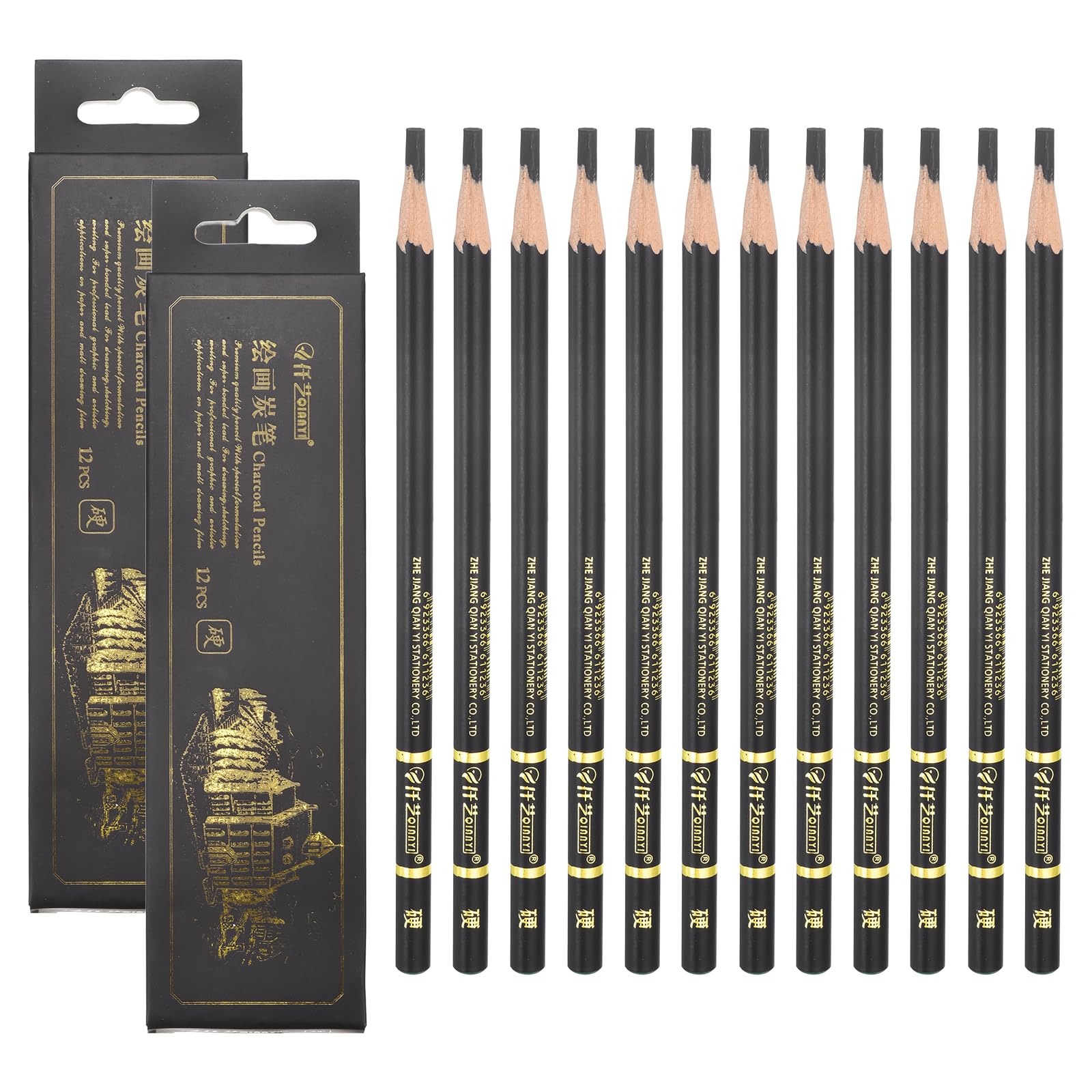 PATIKIL Hard Charcoal Pencils for Drawing, 24Pcs Professional Charcoal Pencils Art Supplies Set Oily Black Break-Resistant for Sketching Artists Beginners Shading Blending
