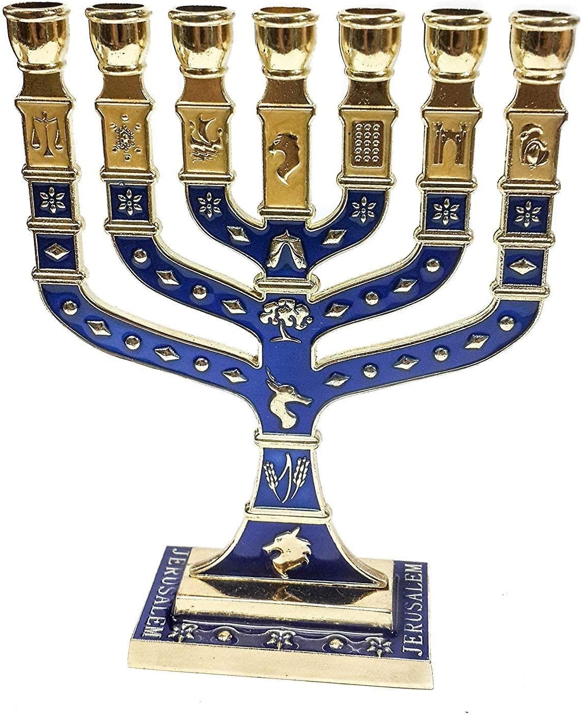 Golden Menorah 7 Branch 12 Tribes Of Israel Jerusalem Menora Blue Enamel 4.7"