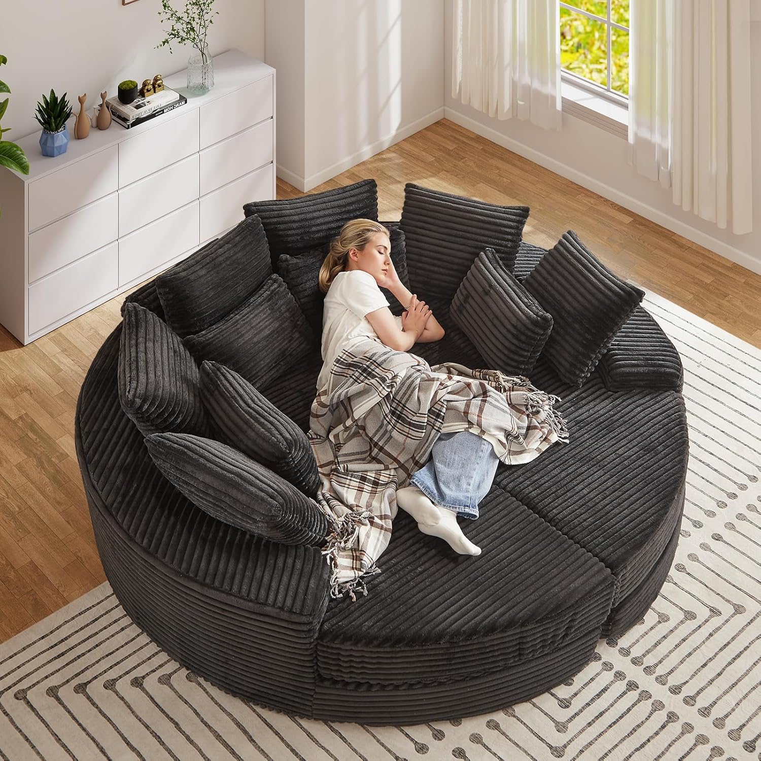 78-inch Oversized Round Chaise Lounge Chair Indoor, Convertible Folding Sofa Bed w/ 10 Pillows, Fluffy Corduroy Boneless Compressed Memory Foam Couch for Living Room, Bedroom (Black, Left & Right)