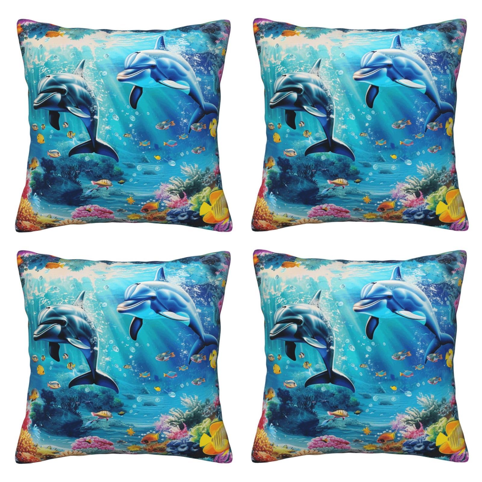 Sea Underwater Dolphin Fish Throw Pillow Cases 4 Pack Square Pillowcases Super Soft Pillow Protectors With Zipper for Couch Livingroom Sofa Bed Office Car,30x30 CM