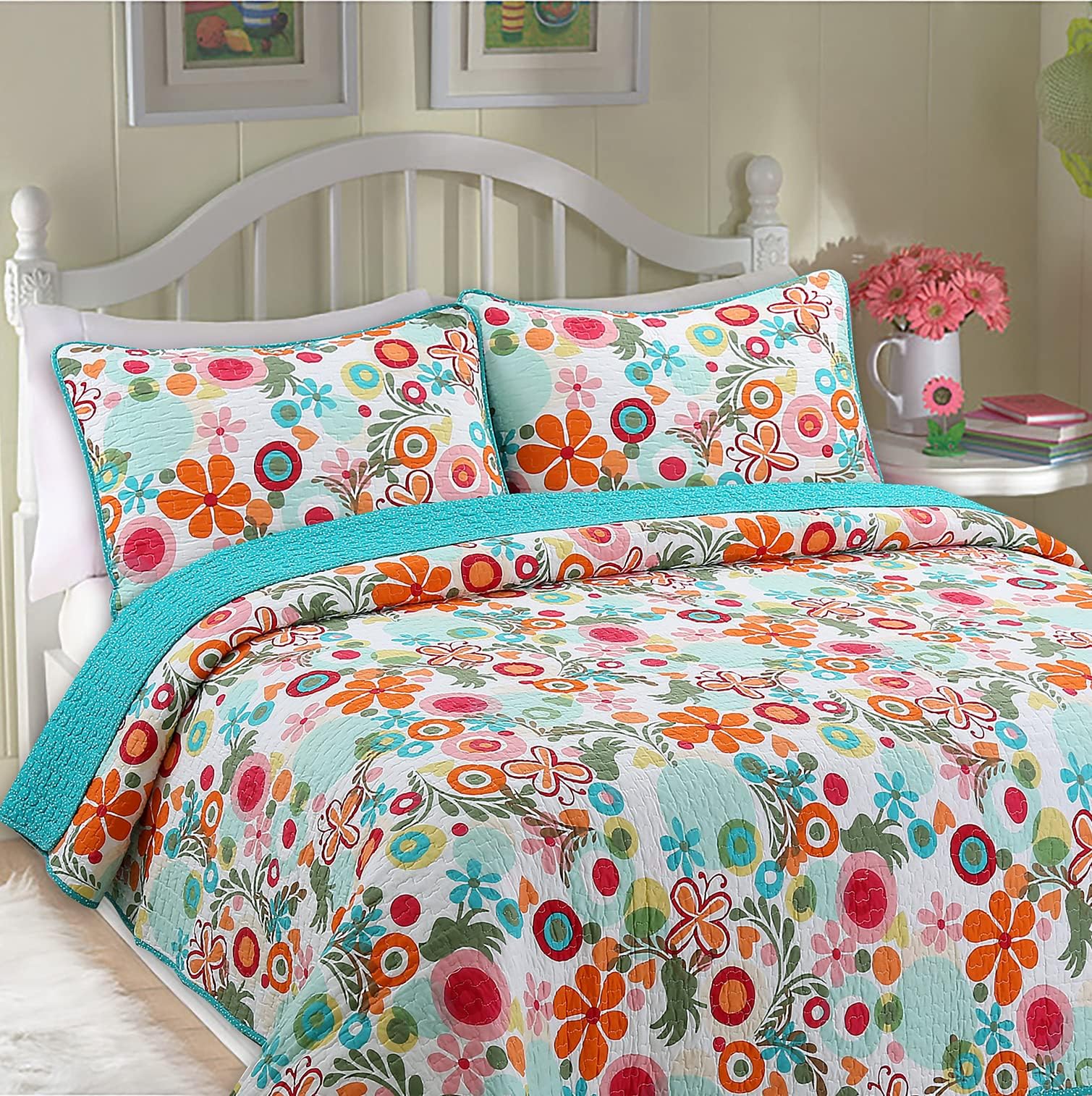 Cozy Line Home Fashions Pink Green Blue Orange Colorful Floral Whimsy 100% Cotton Reversible Girl Quilt Bedding Set, Coverlet, Bedspread (Twin - 2 Piece: 1 Quilt + 1 Standard Sham)