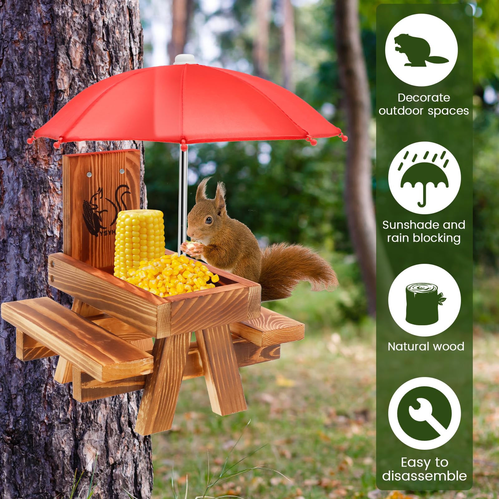 Alimentador de ardilla de madera con paraguas,Alimentador de ardilla para exteriores Mesa de picnic Divertida con estructura sólida Alimentador de ardilla con soporte para mazorcas de maíz