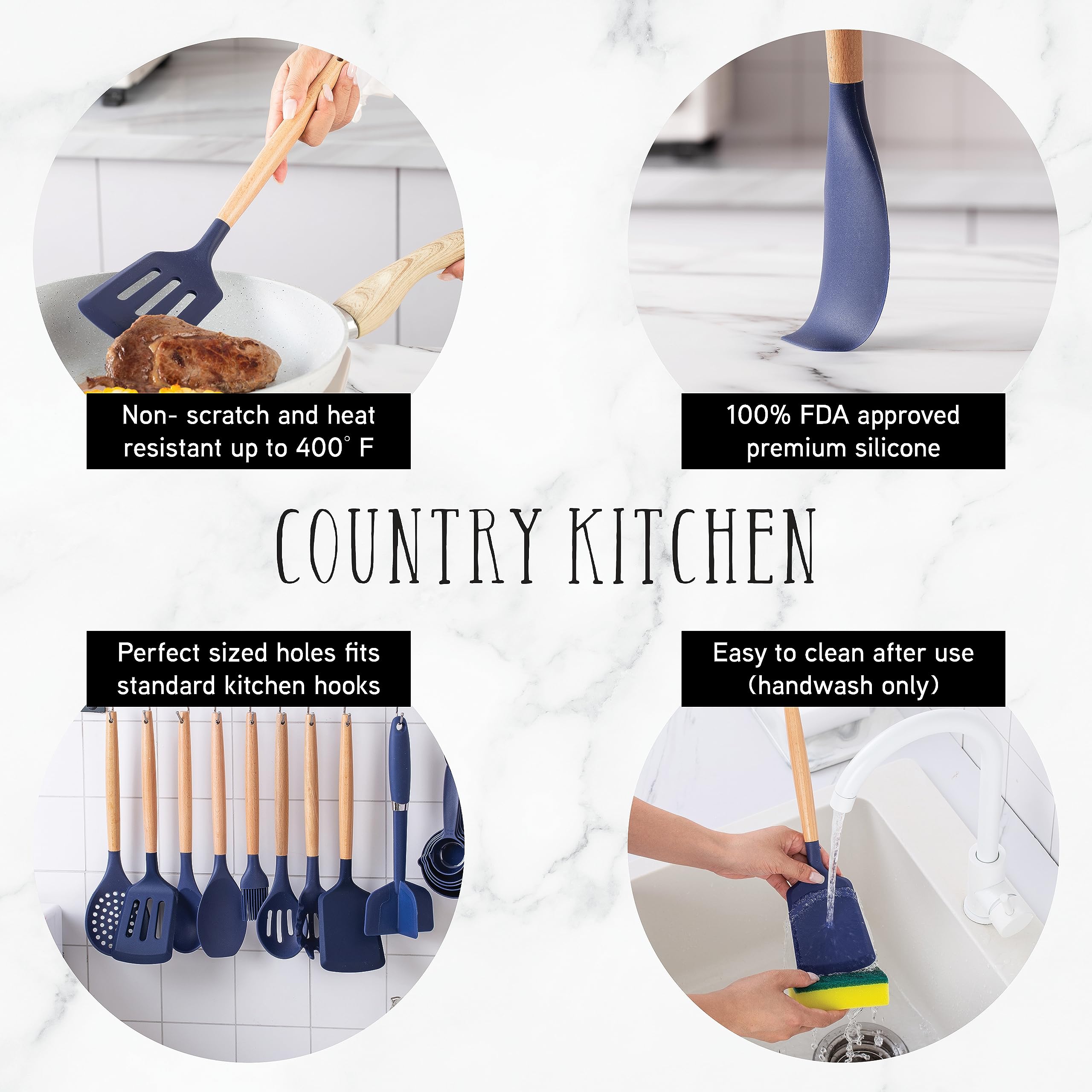 Country Kitchen Juego de utensilios de silicona antiadherente con asas redondeadas de madera para cocinar y hornear, juego de 38 piezas, azul marino