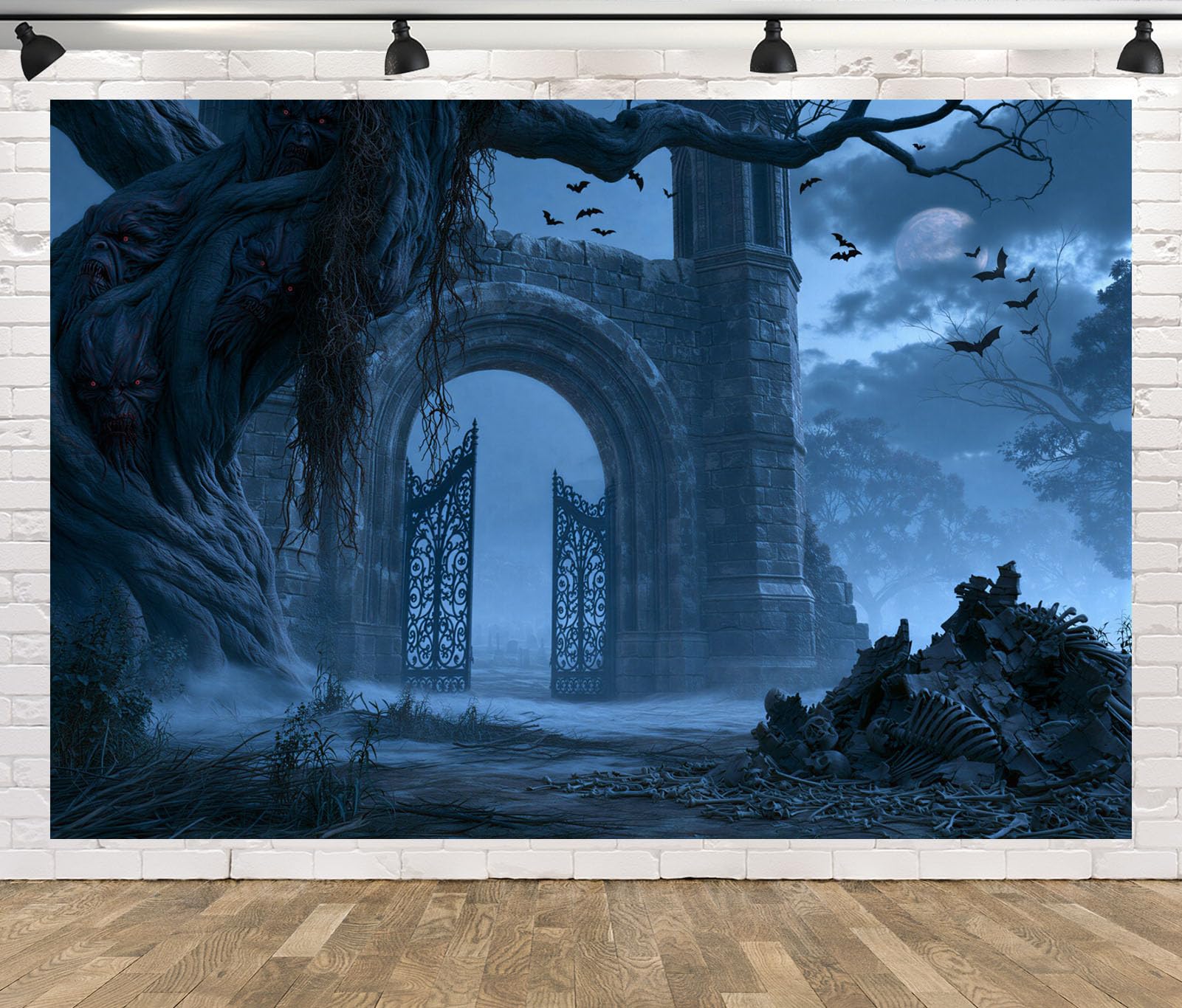 BELECO 6x3mTessuto Sfondo Halloween Albero Malvagio Cimitero | Albero Vecchio Spaventoso Porta Di Pietra Scheletro Teschio Cimitero Nebbioso Notte Sfondo Festa Orrore Telo Di Sfondo