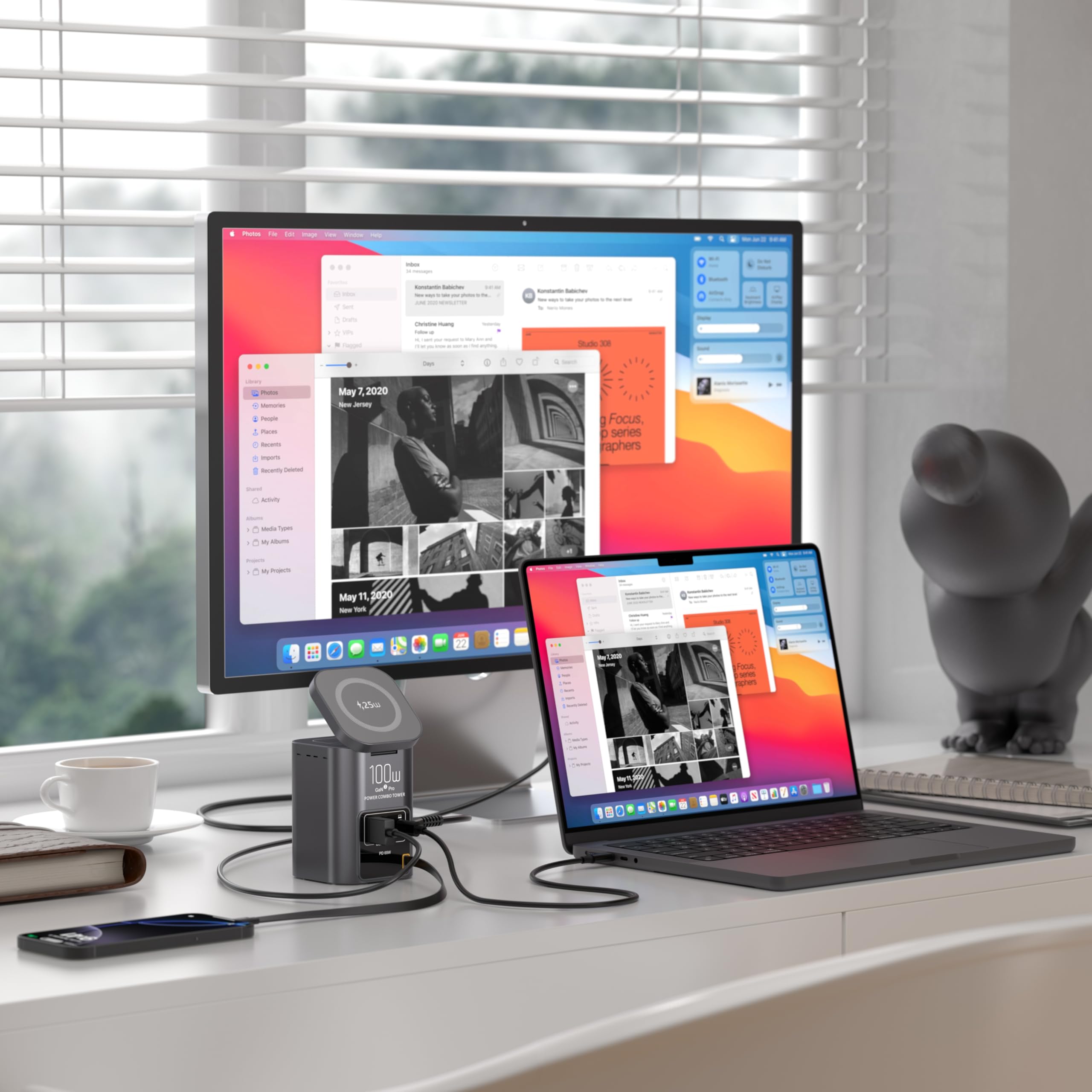 Caricatore USB C 100W da 6 in 1, Stazione di Ricarica con Caricatore Wireless Qi2.2 25W Cavo USB-C Retrattile 65W e Porta USB-C 65W e HDTV 2.1 8K e Hub USB 3.0 per iPhone 17 Samsung Galaxy Laptop ecc