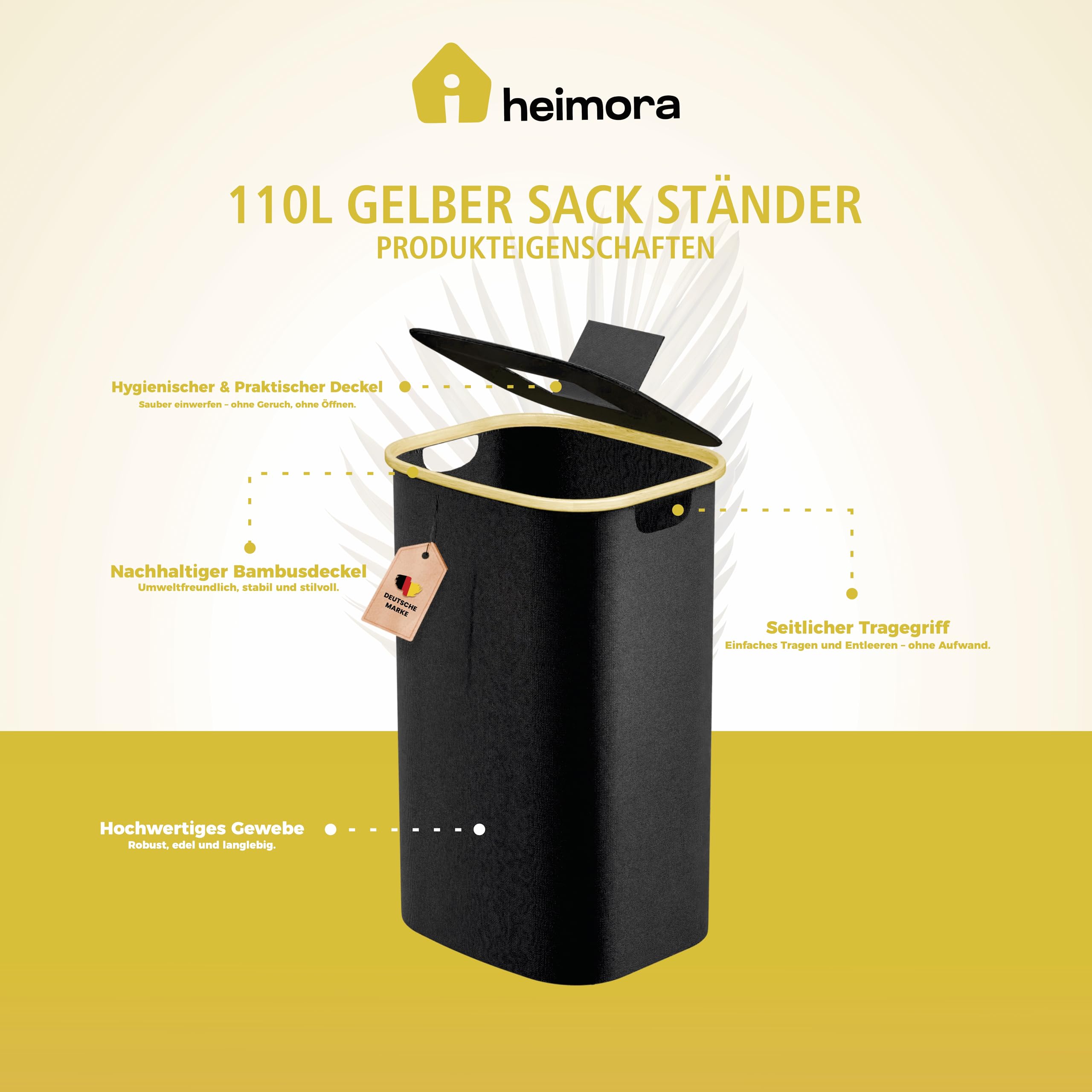 Soporte para bolsas de basura de color amarillo, 90 – 120 l con tapa y bolsa interior lavable, extra grande para cocina, garaje y hogar, cubo de basura estable para separar los residuos