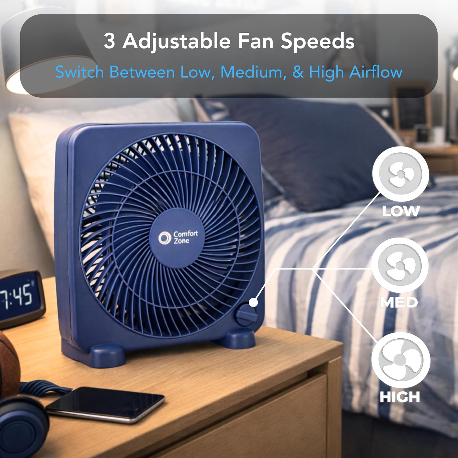 Comfort Zone 9-inch Portable Box Fan – Compact Desktop Cooling Fan with 3-Speeds, Quiet Operation, Built-in Carry Handle & Safety Grill – ETL Listed for Home, Office, or Dorm – Blue