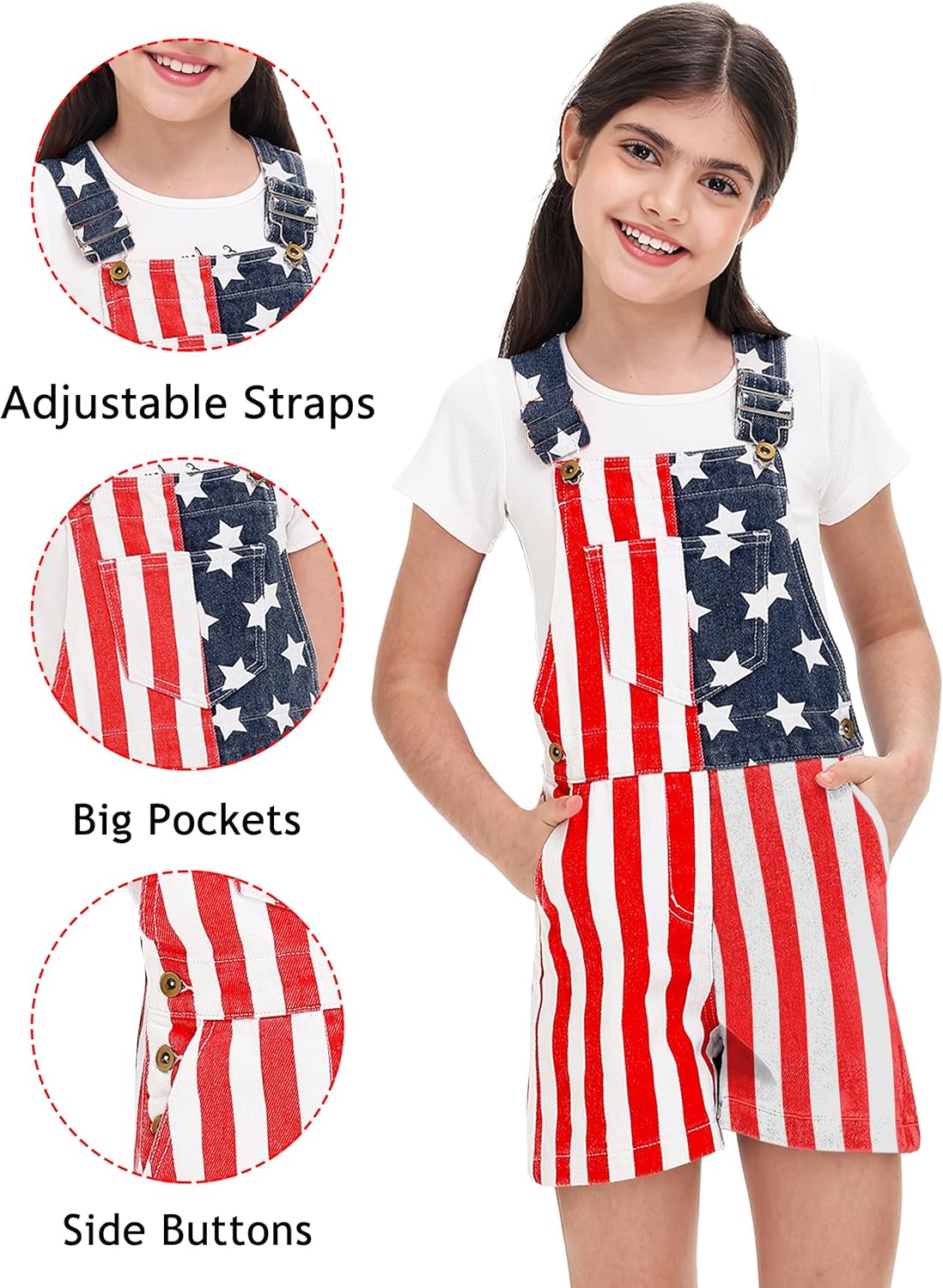 AOBUTE July 4th Denim Overalls for Kids American Flag Printed Jumpsuit 5-15 Years