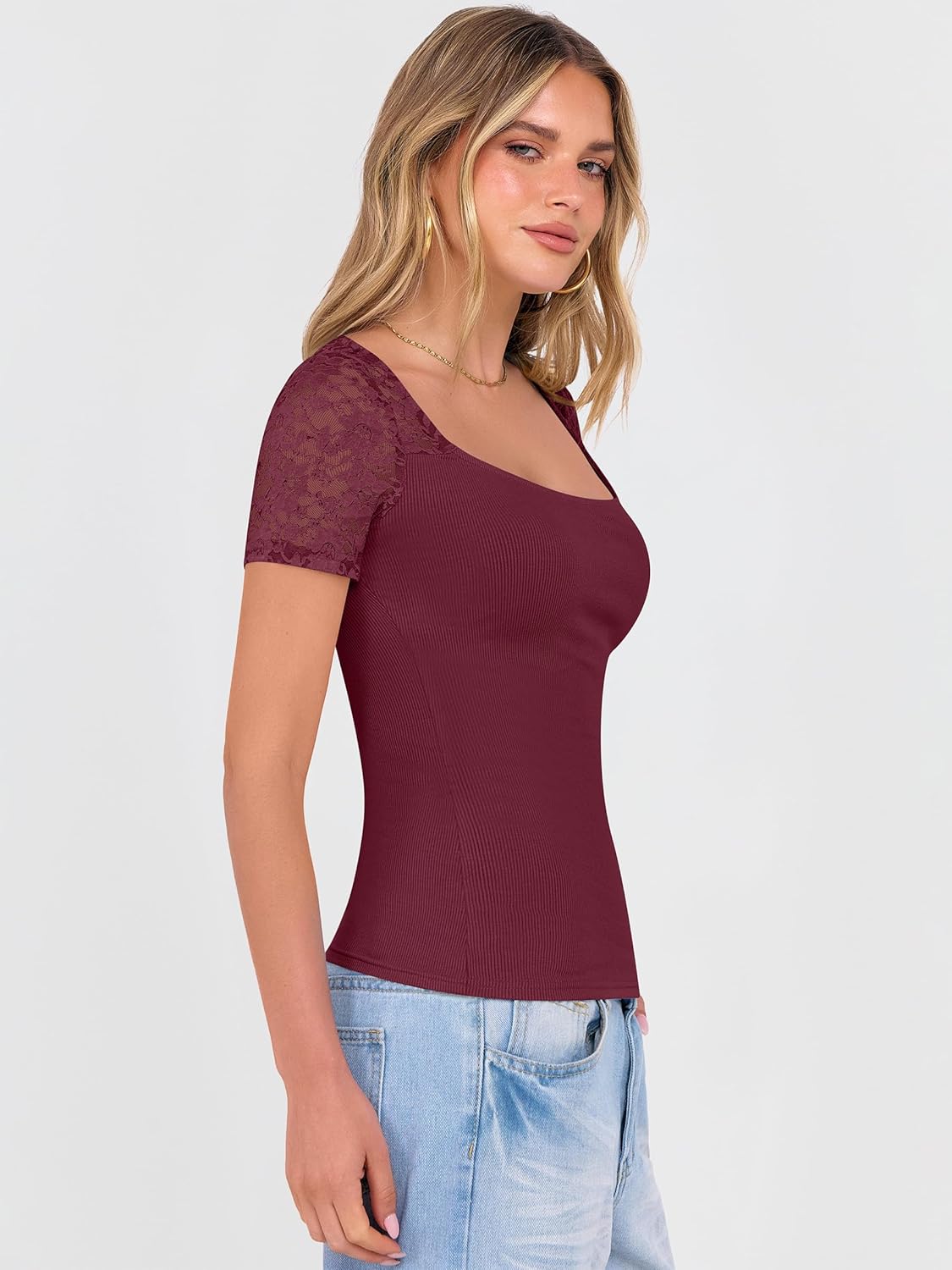 ANRABESS Womens Short Sleeve Shirts Scoop Neck Lace Going Out Tops Slim Fit Rib Knit Casual Tee 2026 Summer Fashion Outfits - Image 5