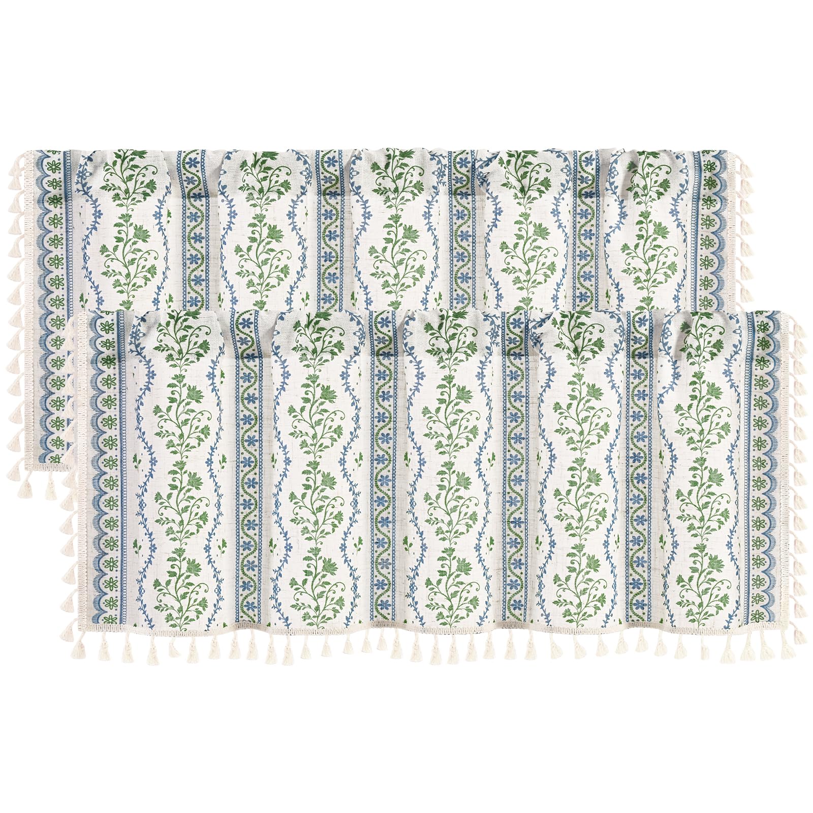 Yinhua 2 Pack Boho Valance Curtains Vintage Linen Kitchen Valances for Windows Light Filtering Bohemian Floral Valance Rod Pocket Tassel Window Valances for Bathroom Cafe, 52" W X 18" L, Blue Green