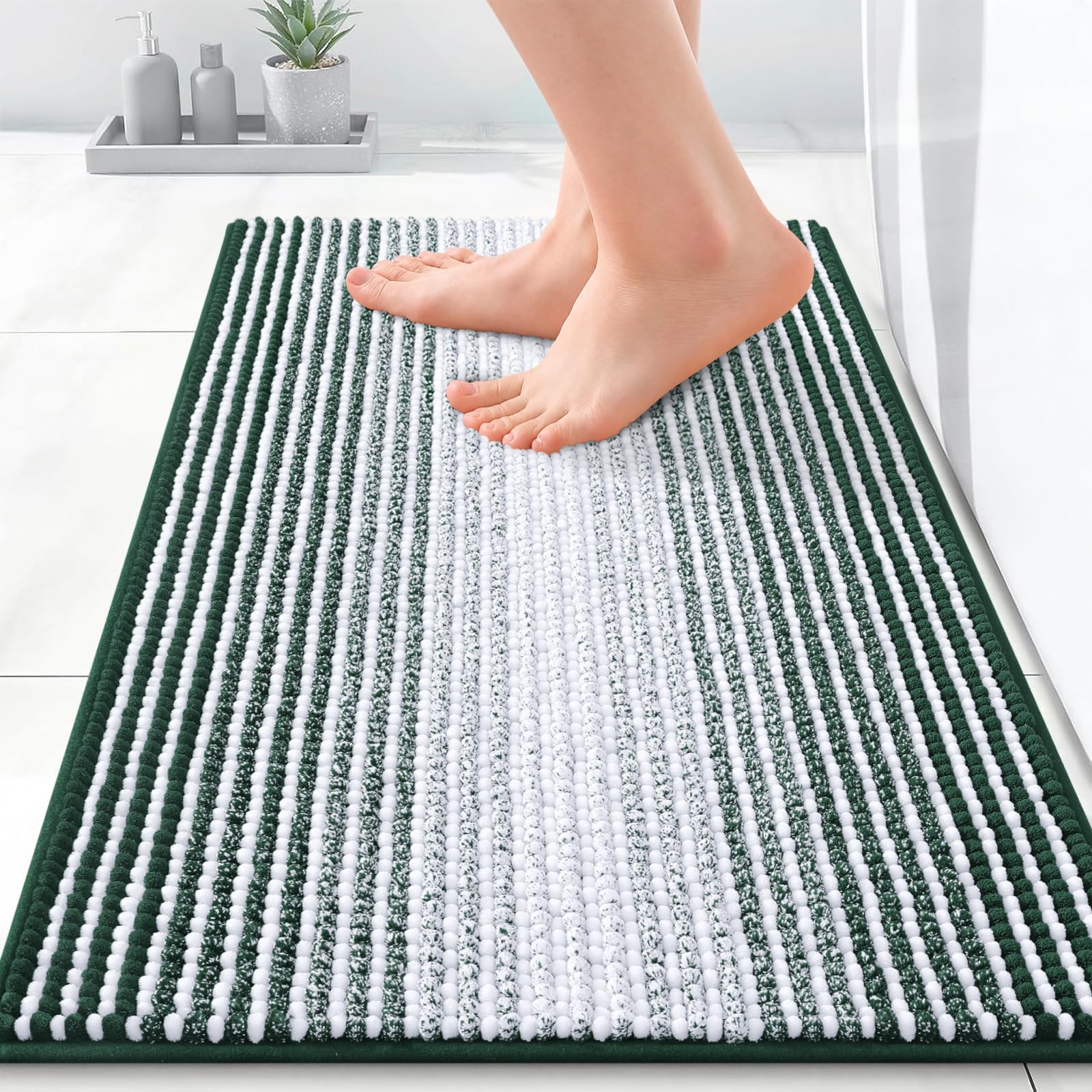 OLANLY Small Bathroom Rugs 24x16, Soft Striped Bath Rugs, Blackish Green