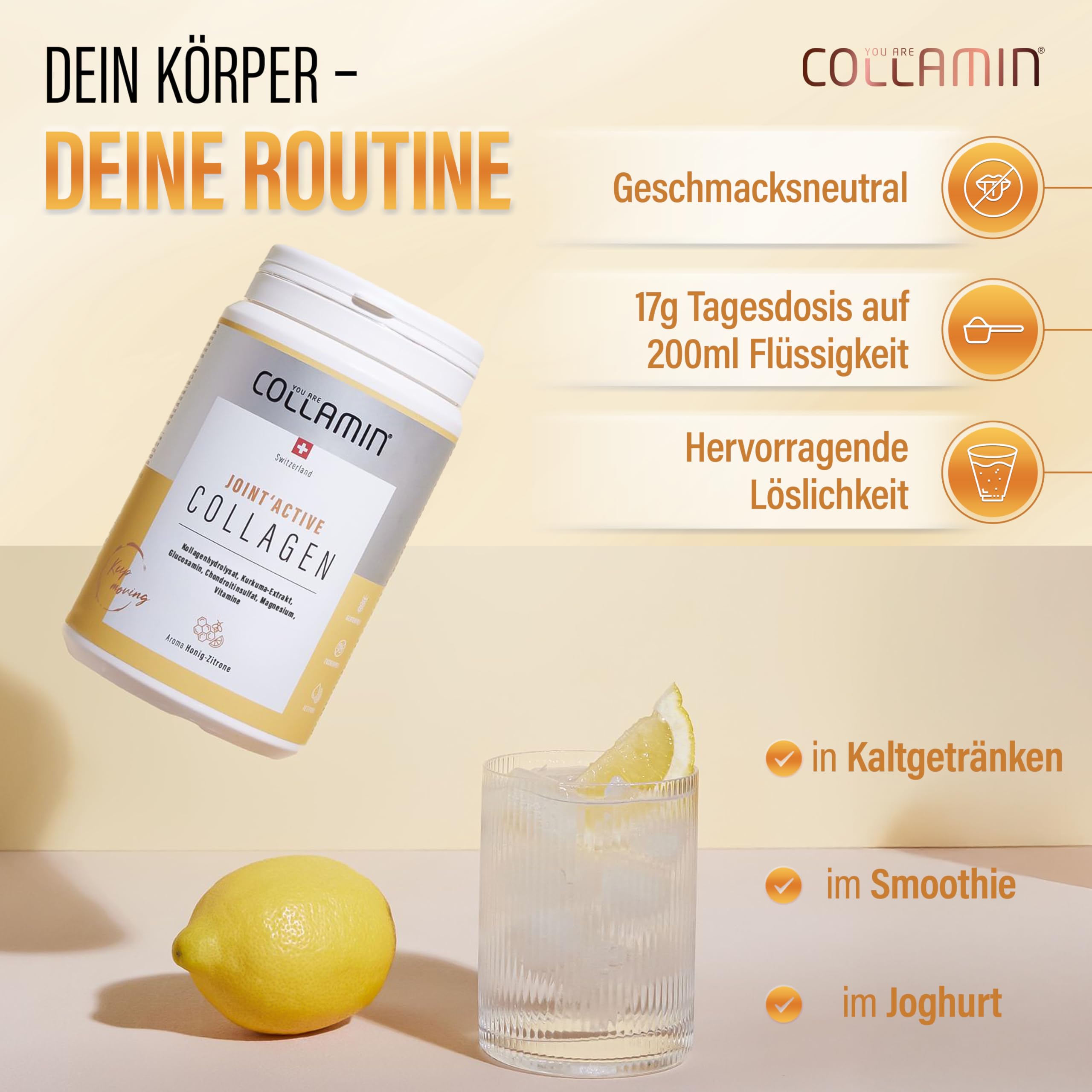Joint'Active Collagen Pulver - 480g I Kollagen Pulver mit Kurkuma, Vitamin C, Hyaluron & Mehr I Hydrolysiertes Kollagen (Rind) mit Honig-Zitronen Aroma I Kollagen - Made in Switzerland
