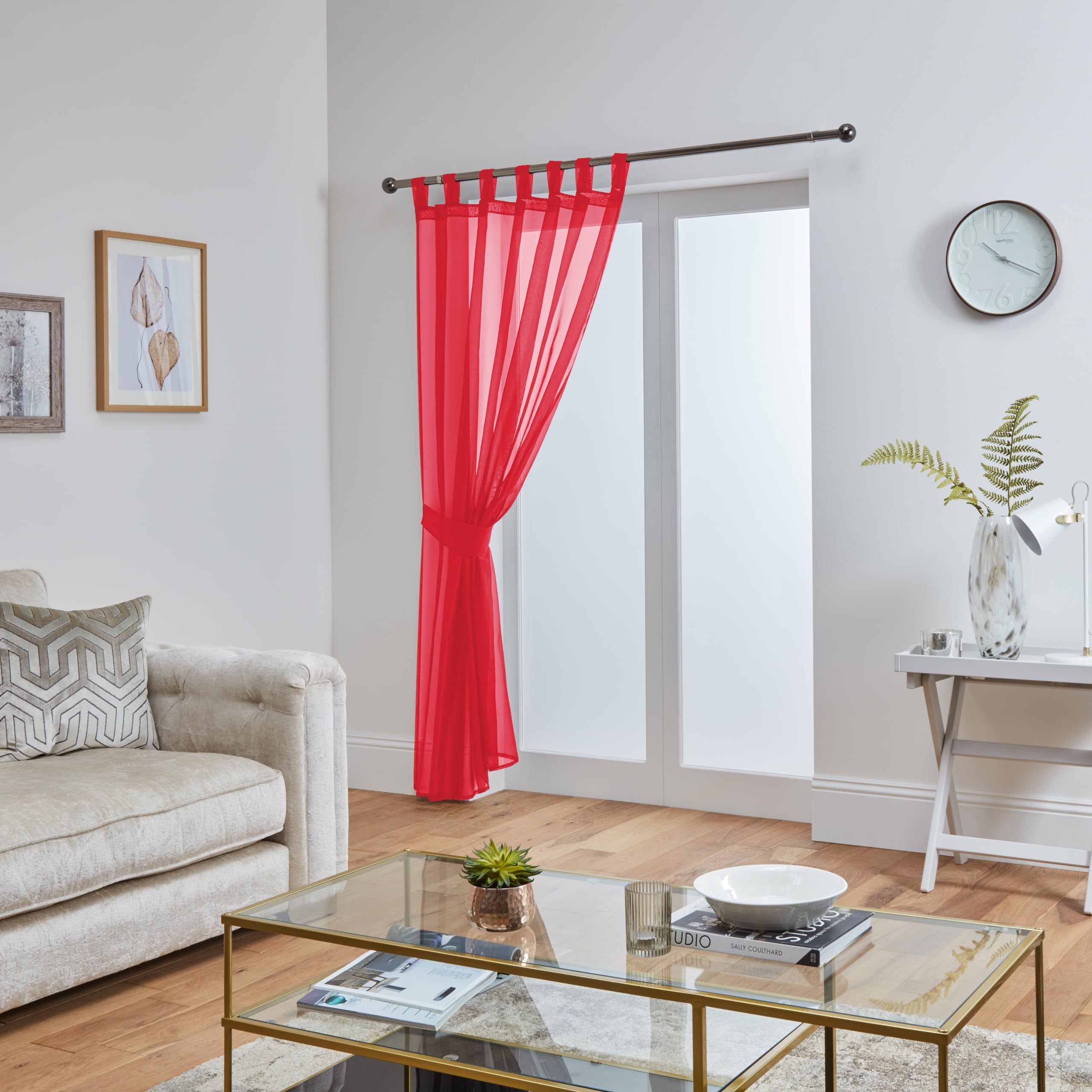John Aird Woven Voile Tab Top Curtain Panel - Tieback Included - Single Panel (Red, 58" Wide x 81" Drop)