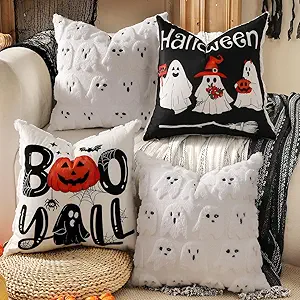 TOYPOPOR Halloween Decorations, 2 Packs Double Sided Ghost Pillow Covers, Soft Faux Fur Throw Pillow Cases, Indoor Outdoor Couch Cushion Case for Fall Autumn Bedroom Living Room Home Decor 16''x16''