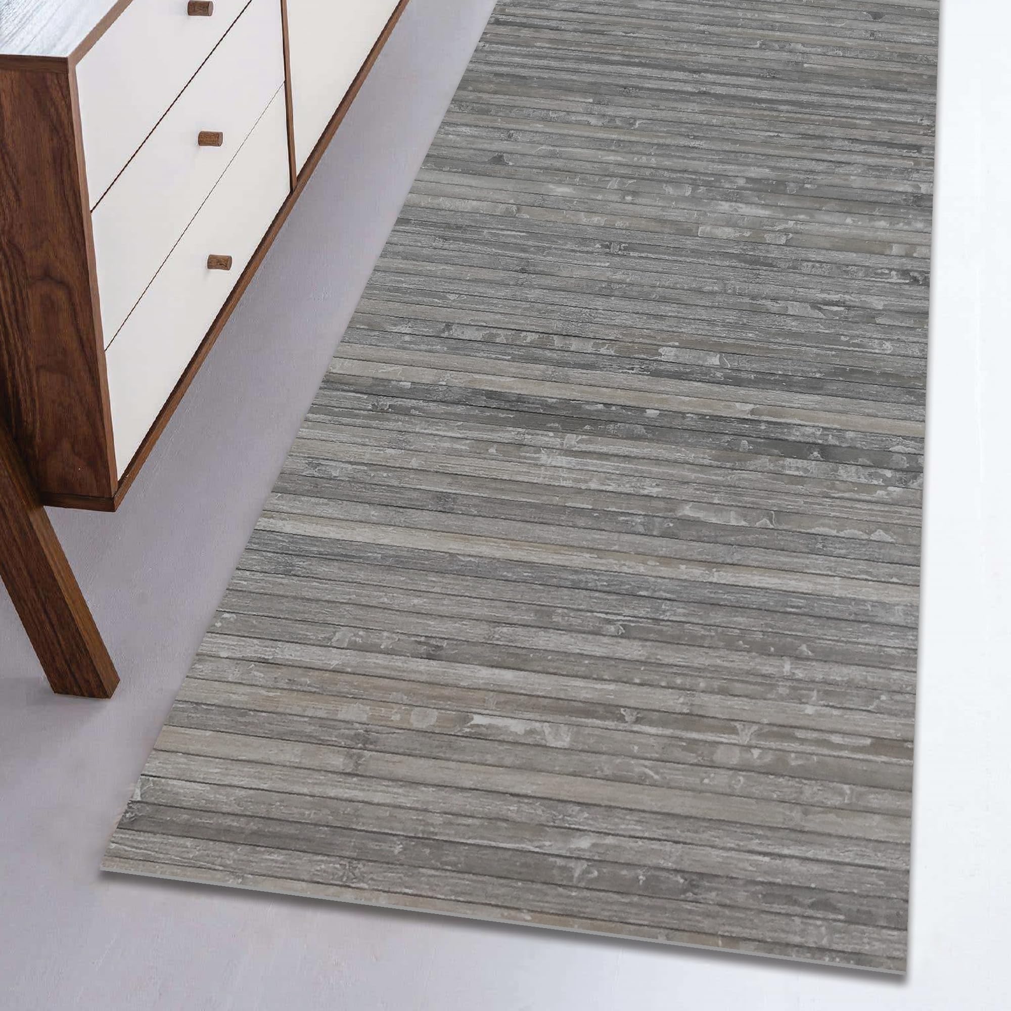 Alfombra Bamboo Style, para Cocina, salón, baño, bambú Efecto Shabby Chic, Fondo Antideslizante, Gris, 50 x 180 cm