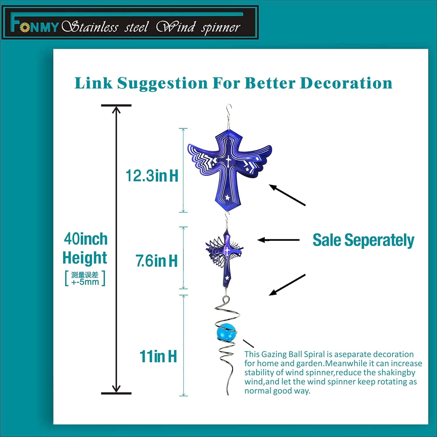 Fonmy Stainless Steel Wind Spinner Worth Gift Indoor Outdoor Garden Decoration Crafts Ornaments Metal Art Kinetic Yard Art Decorations 12 inch Blue Color Angel Wing Cross Wind Spinners