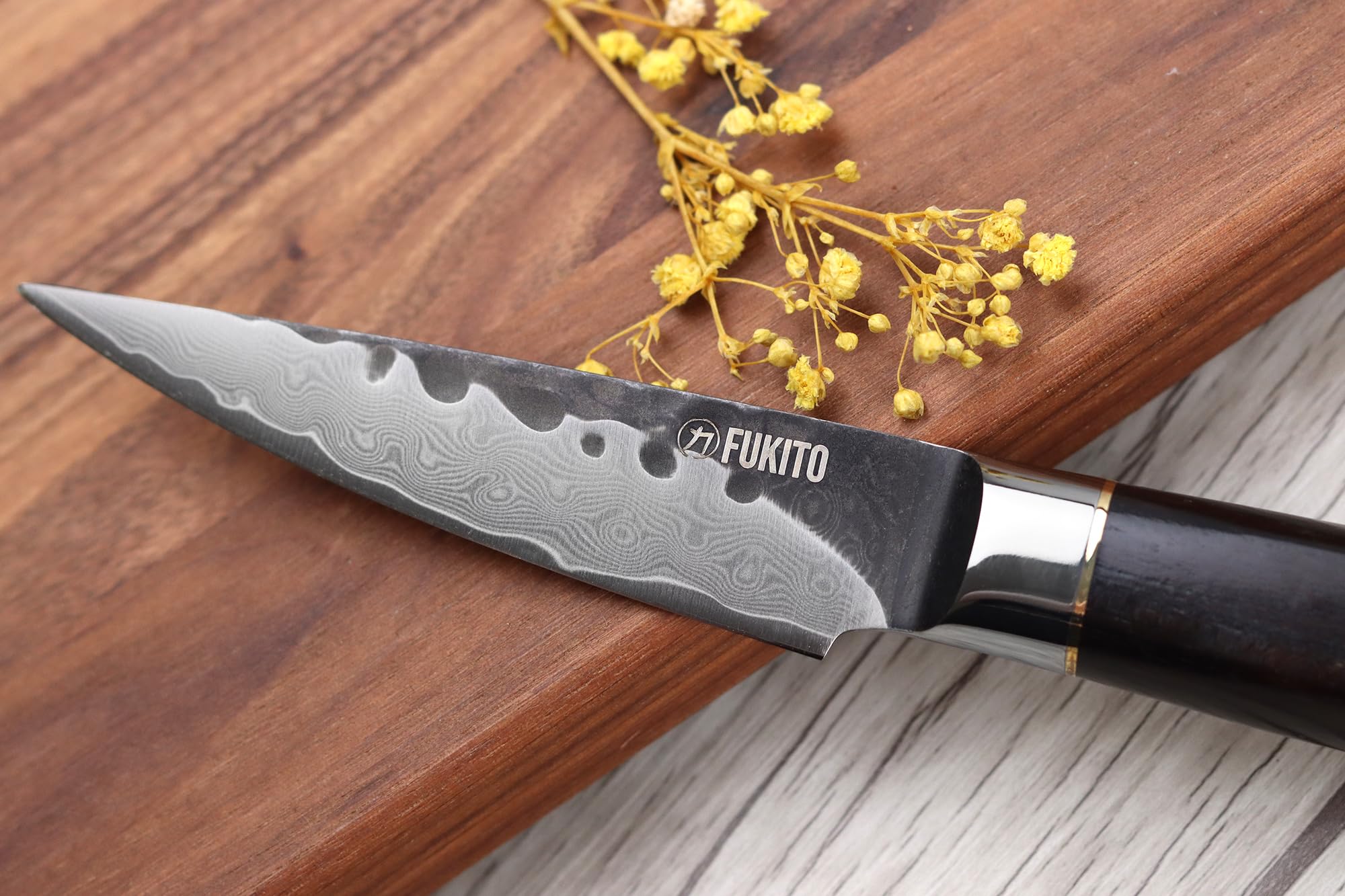 Fukito - Couteau office 9 cm - Lame Damas Acier VG10 - Manche ergonomique en bois d’ébène - Tranchant précis et polyvalent