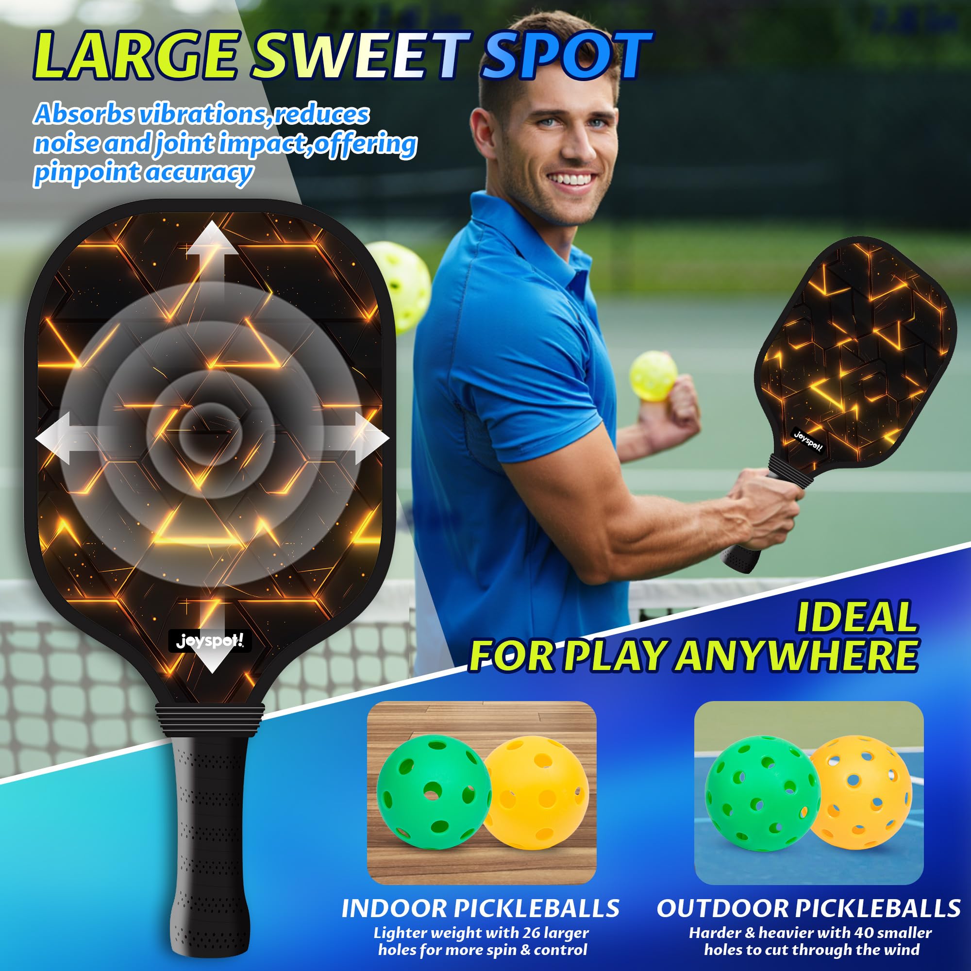 JOY SPOT! Pickleball Schläger 2 Pack mit 4 Bällen und Tragetasche – Leichte Schläger mit Fiberglas-Oberfläche für Männer, Frauen und Anfänger – Perfekt für das Spielen im Innen- und Außenbereich
