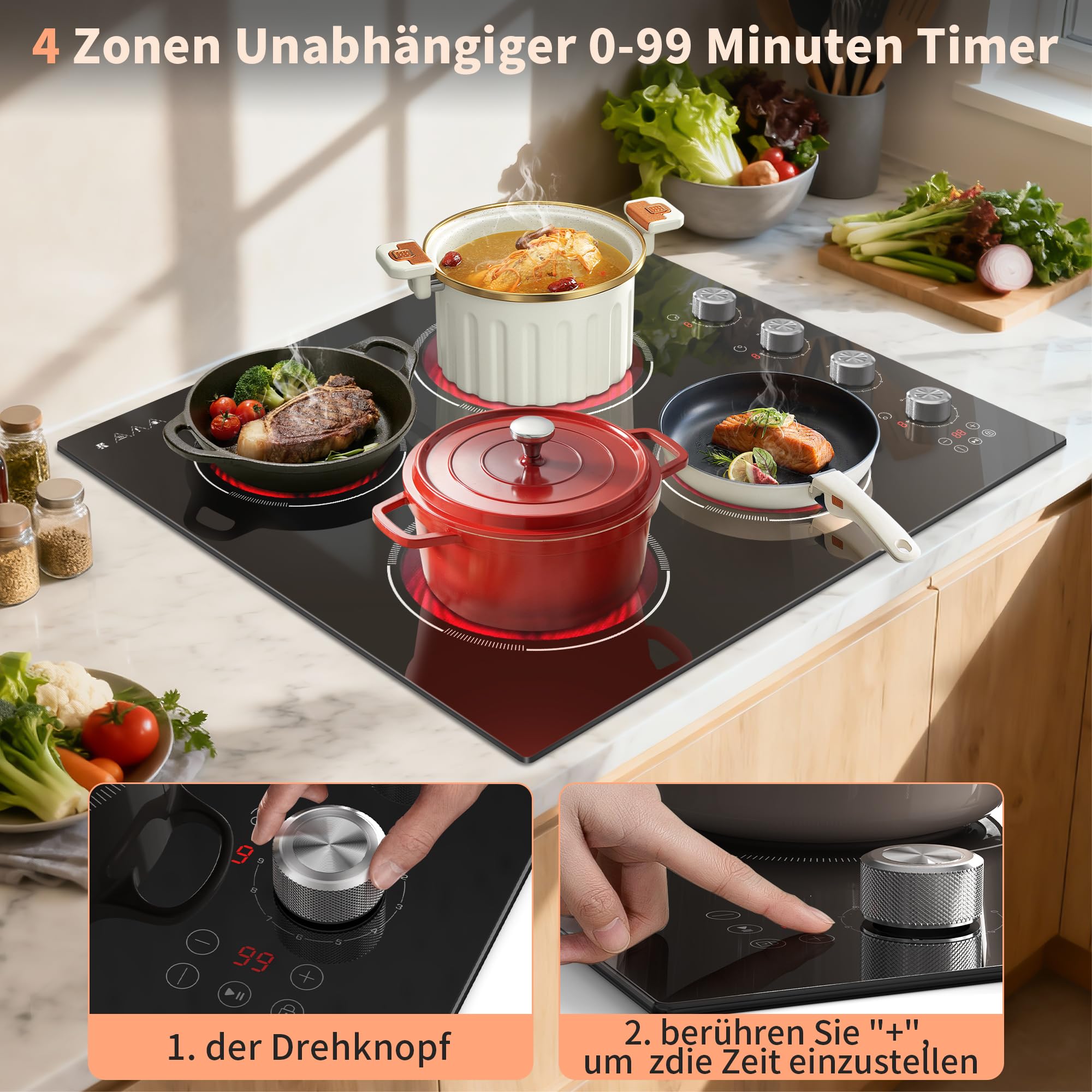 Glaskeramikkochfeld 4 Platten 60cm 6000W Einbau mit Sicherheitssperre Zeitschaltuhr