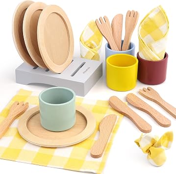 Pillowhale Wooden Toy Plates and Dishes for Kitchen Set, Play Kitchen Accessories Table-Setting Learning Play Set with Kids Dinner Plates, Cups & Cutlery for Social Play, Birthday Gifts for 3 Ages 3+