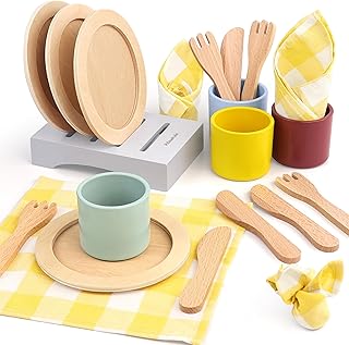 Wooden Toy Plates and Dishes Set,Play Kitchen Cutlery and Plate Set,21Piece Kids Kitchen Playset Accessories for Toddlers Boys Girls Ages 3+