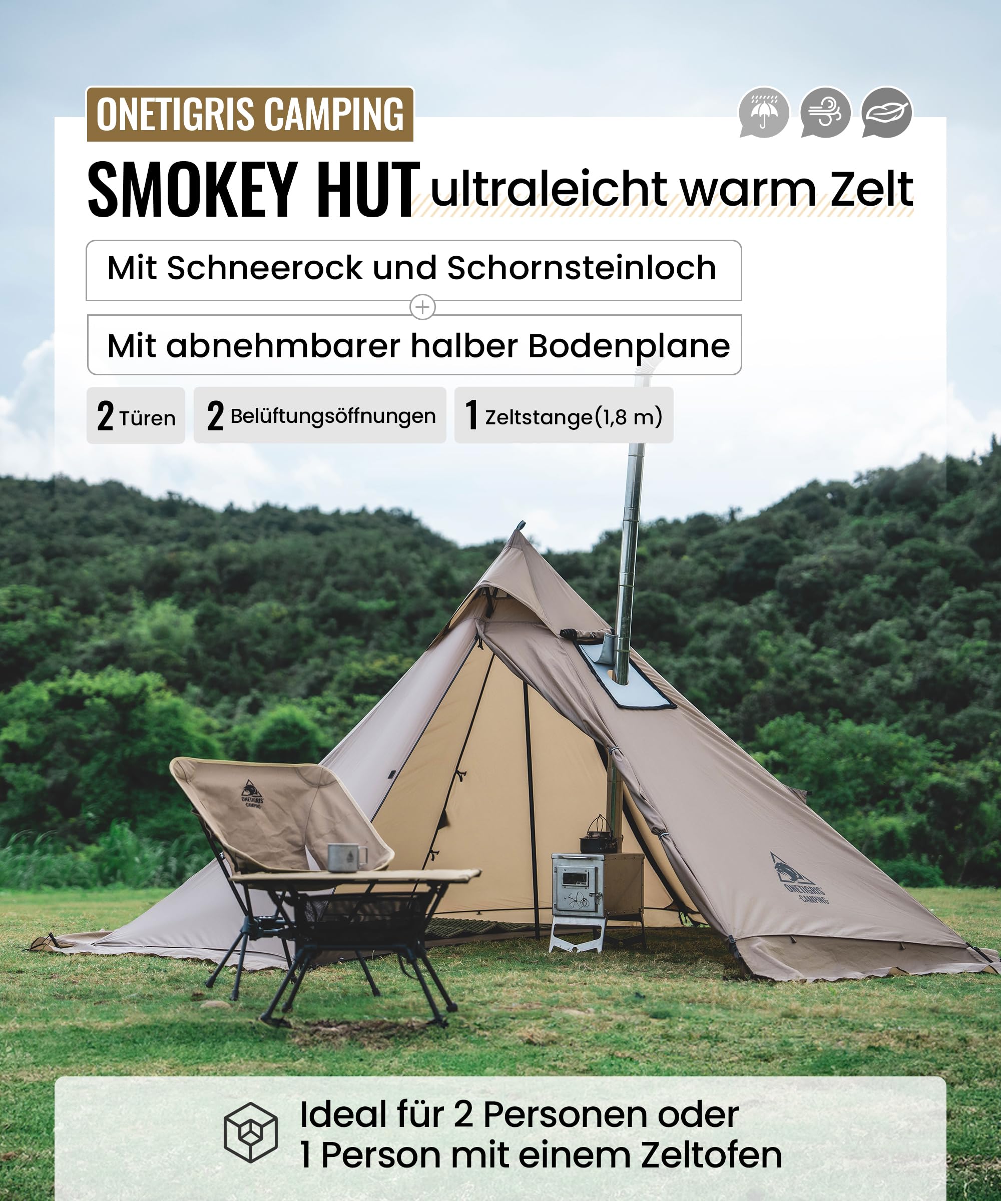 OneTigris Smokey Hut ultralekki namiot dla 2 osób, 4 pory roku, namiot tipi outdoorowy wodoszczelny 3000 mm, ciepły namiot z otworem na komin i spódnicą śnieżną, na kemping, wędrówki, do wędrówek z