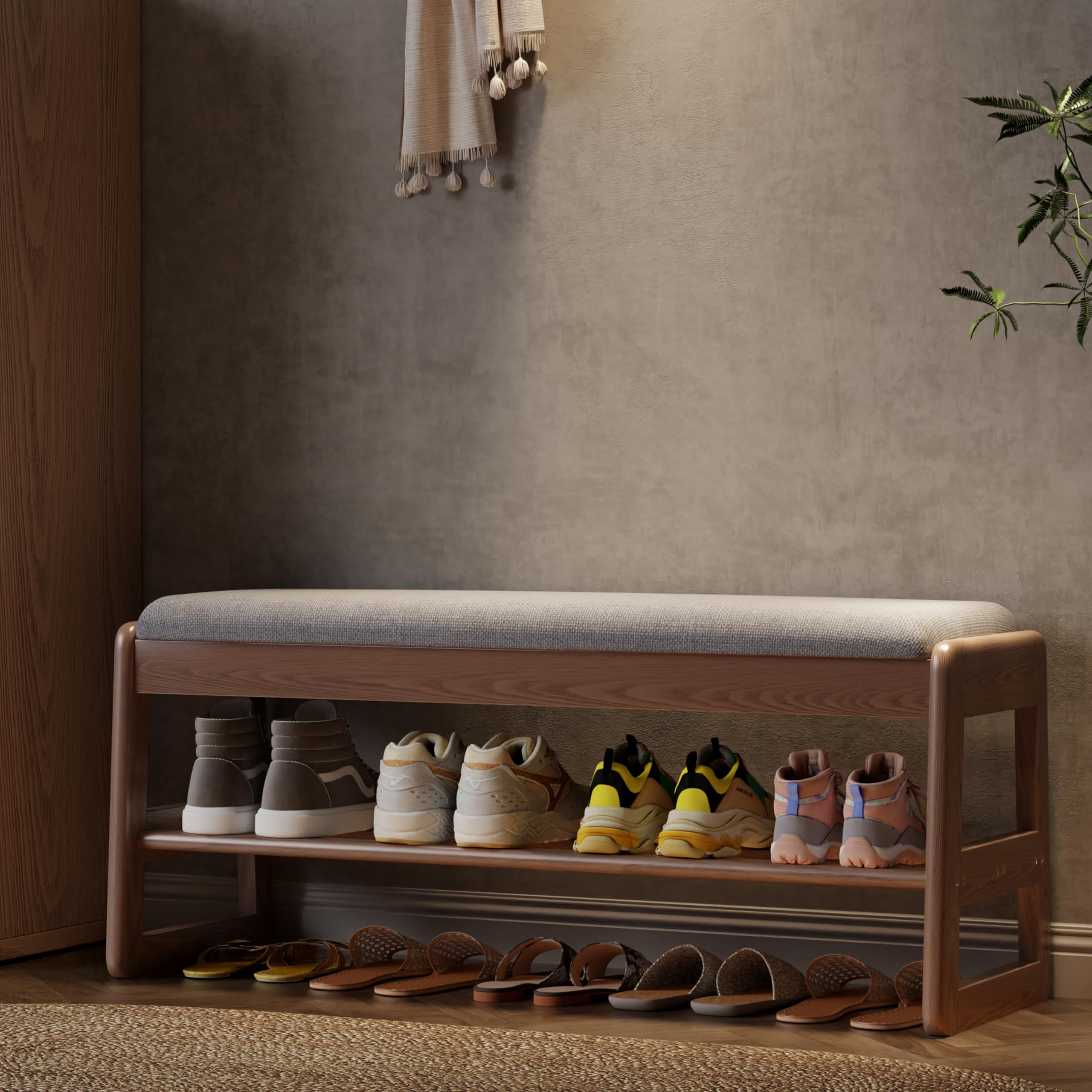 AQIMUELE Schuhregal Bank mit Kissen, 2 Ebenen, Schuhbank mit Klappdeckel, Schuhregal aus Holz für Eingang, Flur 100CM(Walnuss)