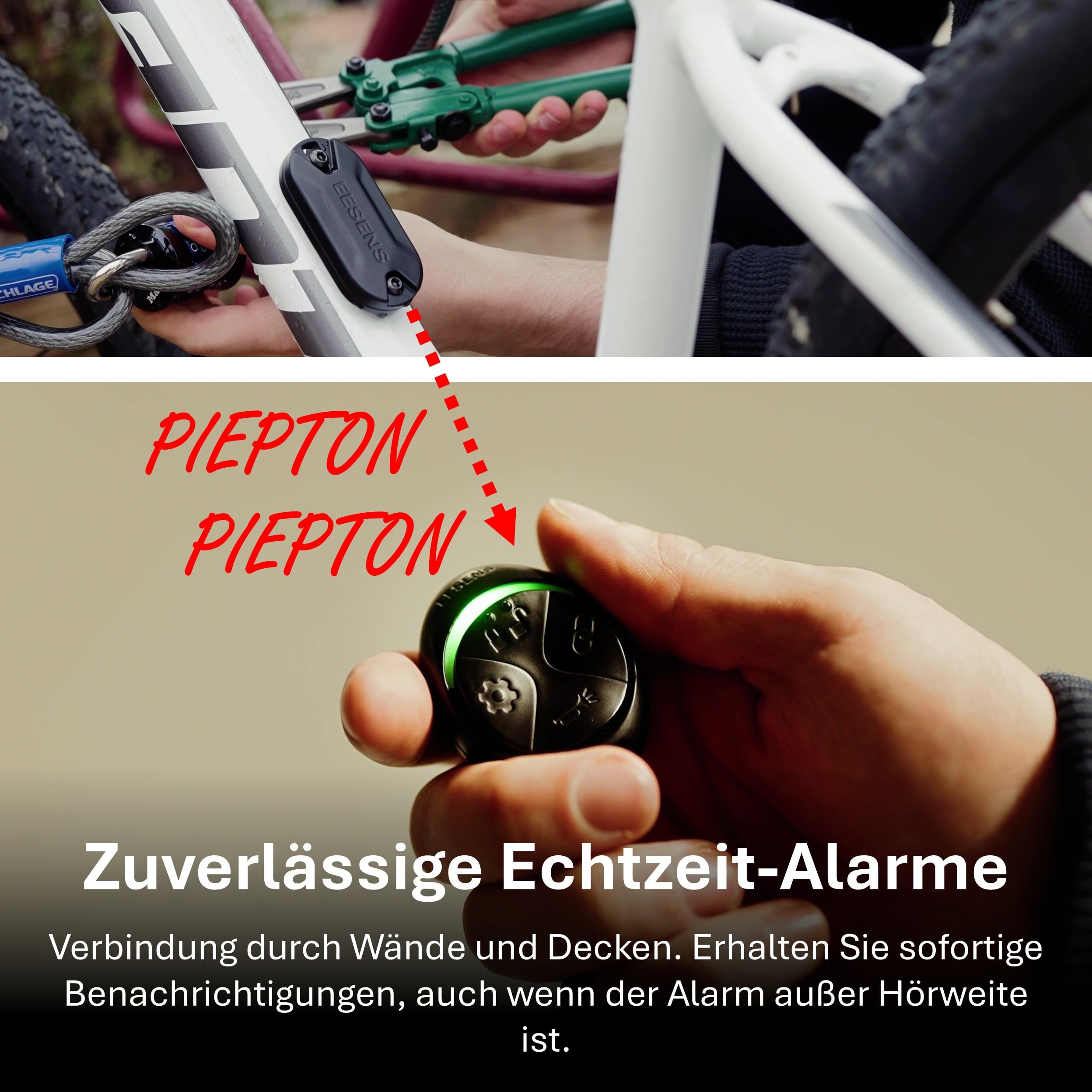 EESENS Dual Alert Guardian Alarmanlage mit Fernbedienung - 110dB Sirene & 240m kabelloser Diebstahlalarm - Diskret & Wetterfest für Fahrrad, Motorrad, Camping & mehr