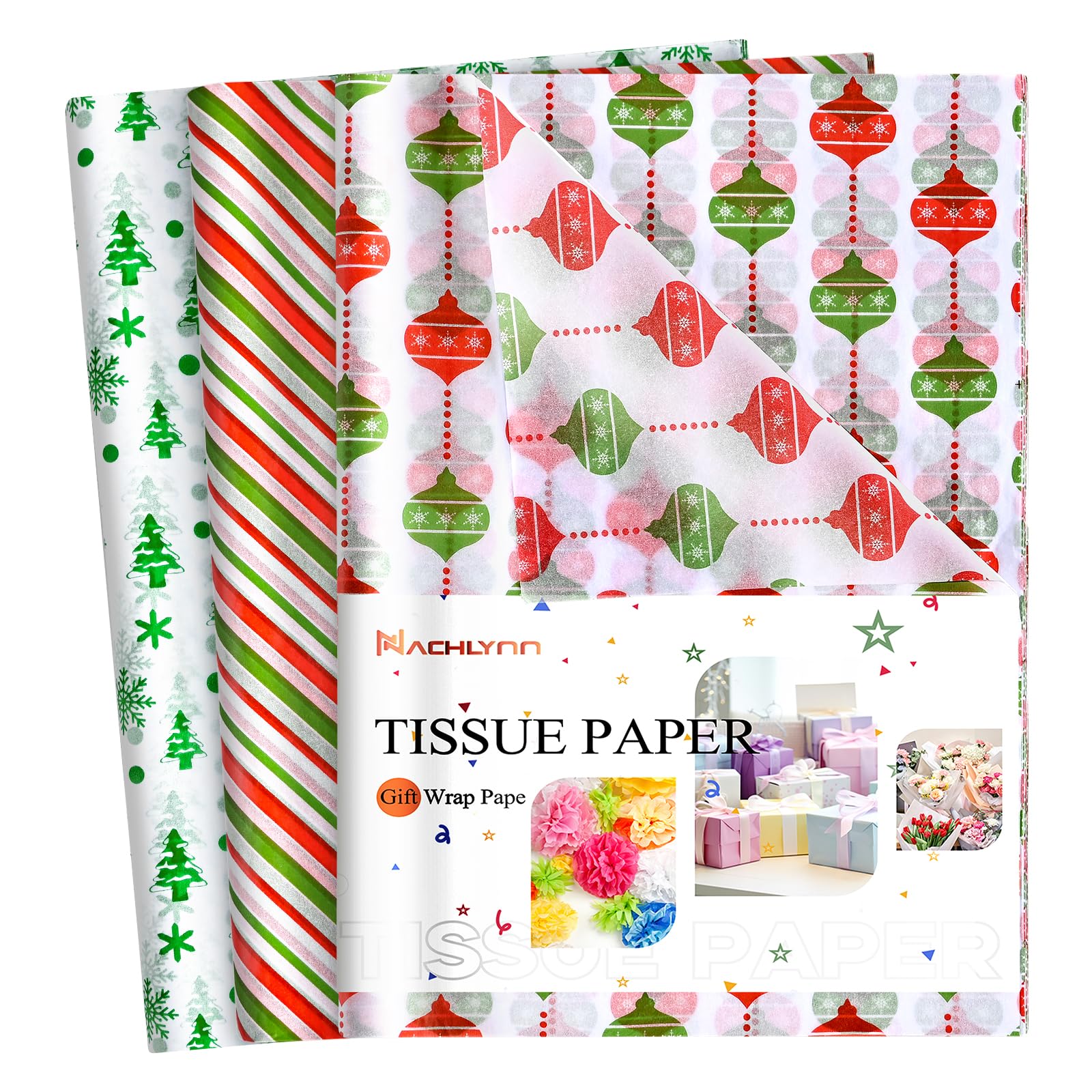 NACHLYNN 90 Sheets Christmas Tissue Paper 20 x 14 inches Baby Shower Green Wrapping Tissue Paper Bulk for Gift Bags Packaging Christmas Party Decor (Polychrome)