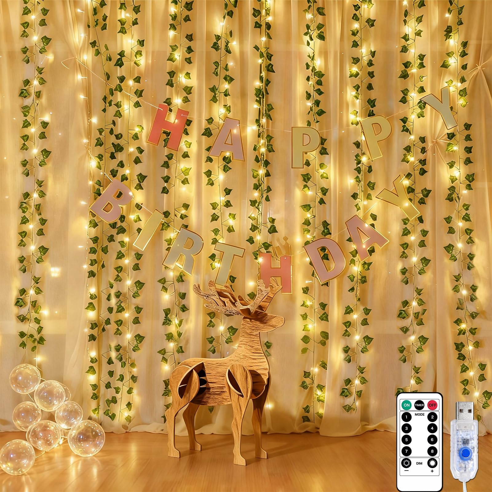 Lichtervorhang Innen 2x2m, Efeugirlande mit 200 LEDs Efeu Künstlich Lichterkette Vorhang Wasserdicht 8 Modi, USB Fake Efeu Lichterketten für Hochzeit Fenster Wand Party Weihnachten Schlafzimmer Deko