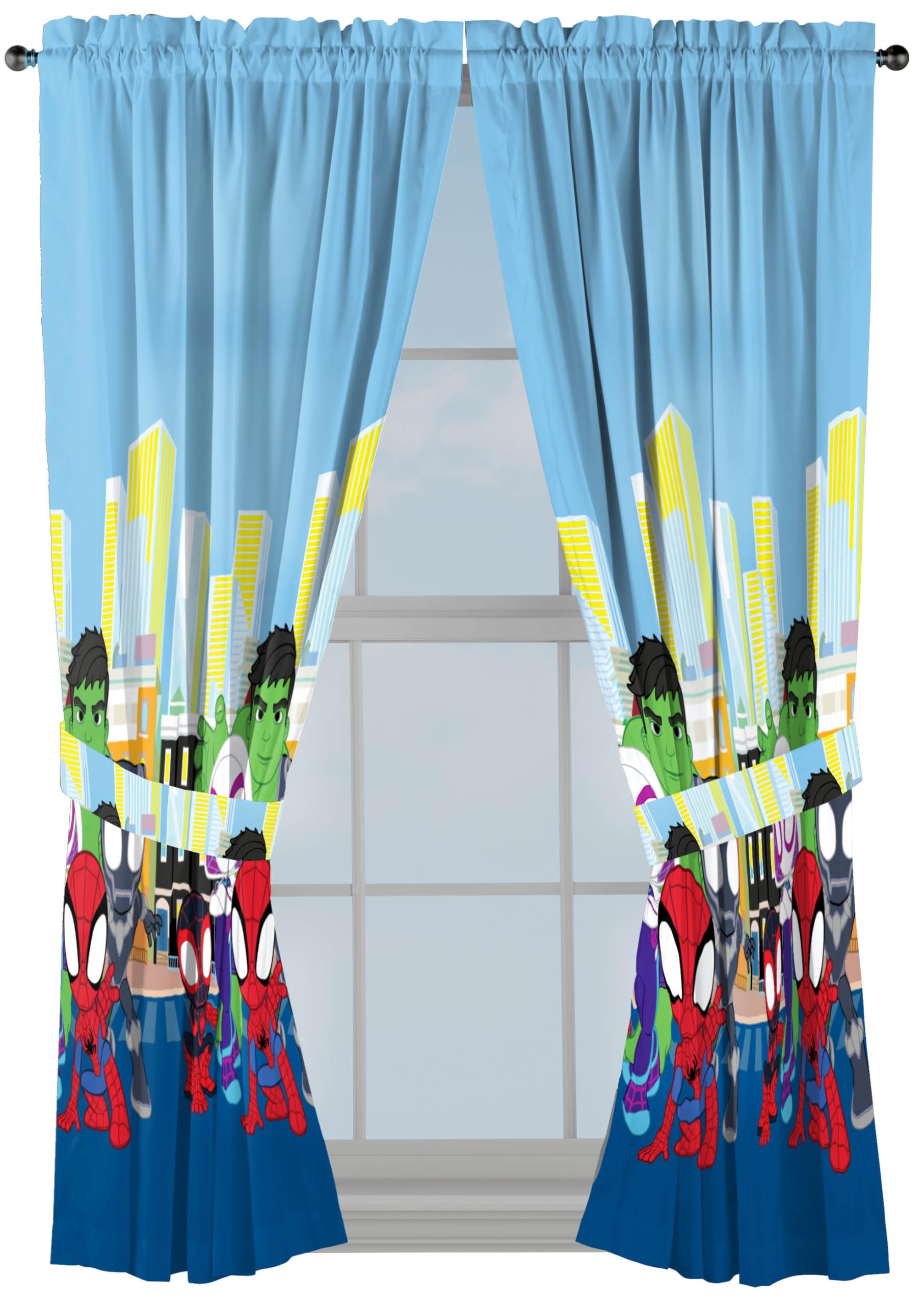 sunny side up window curtains for kids bedroom 4-piece drape set with 2 tiebacks blue - spidey amp his amazing friends 4234 w x 6334 l pack of 2