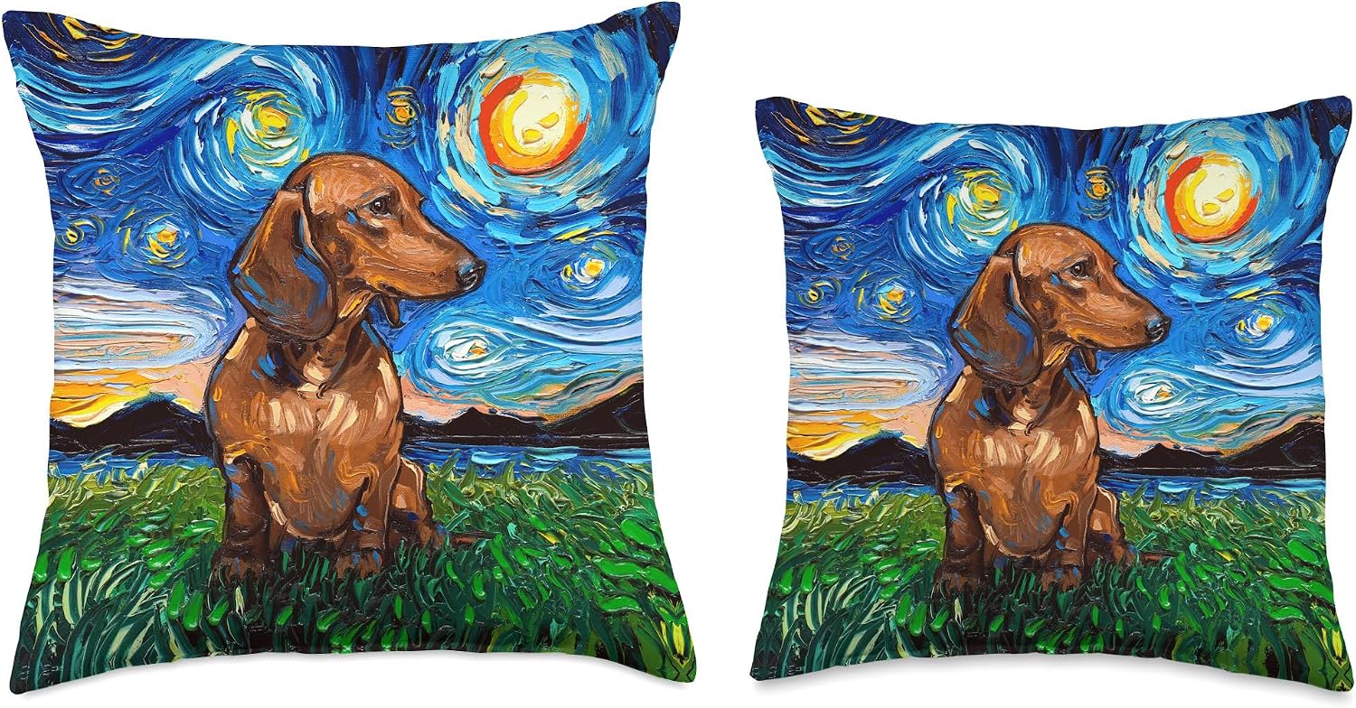 Brown Short Hair Dachshund Doxie Starry Night Dog Art by Aja Throw Pillow