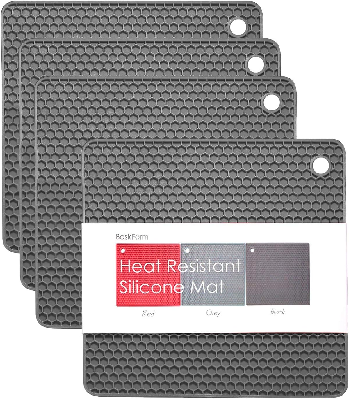 BasicForm Silicone Trivet Square Honeycomb Pattern 7.5x7.5x0.31 Inches (Set of 4) (Gray)