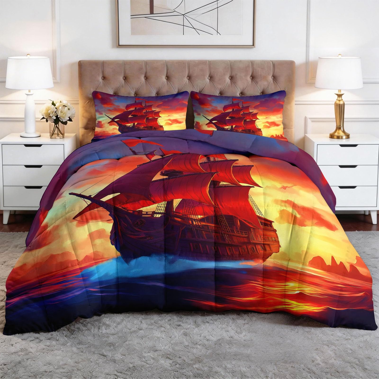 Generico Zimowa kołdra 140 x 200 cm, żaglówka oceanowa, zachód słońca, kołdra z pianki poliuretanowej 400 g/m², ciepła i elegancka, antyalergiczna i oddychająca pościel 3-częściowy zestaw, czerwona