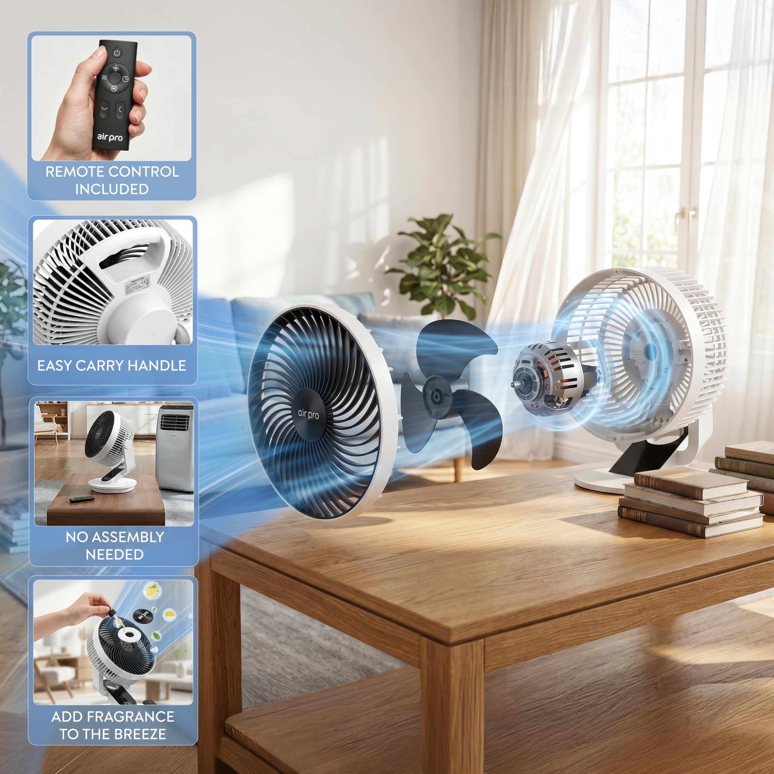 Air Pro 10" Desk Fan SmartVoice™ & Remote Control 3D Oscillation Fan 12 HR Timer, Quiet Copper Motor Air Cooling & Circulator Table Fan - Small Fan with 6 Speeds Mini Desktop Fan Office Home Bedroom
