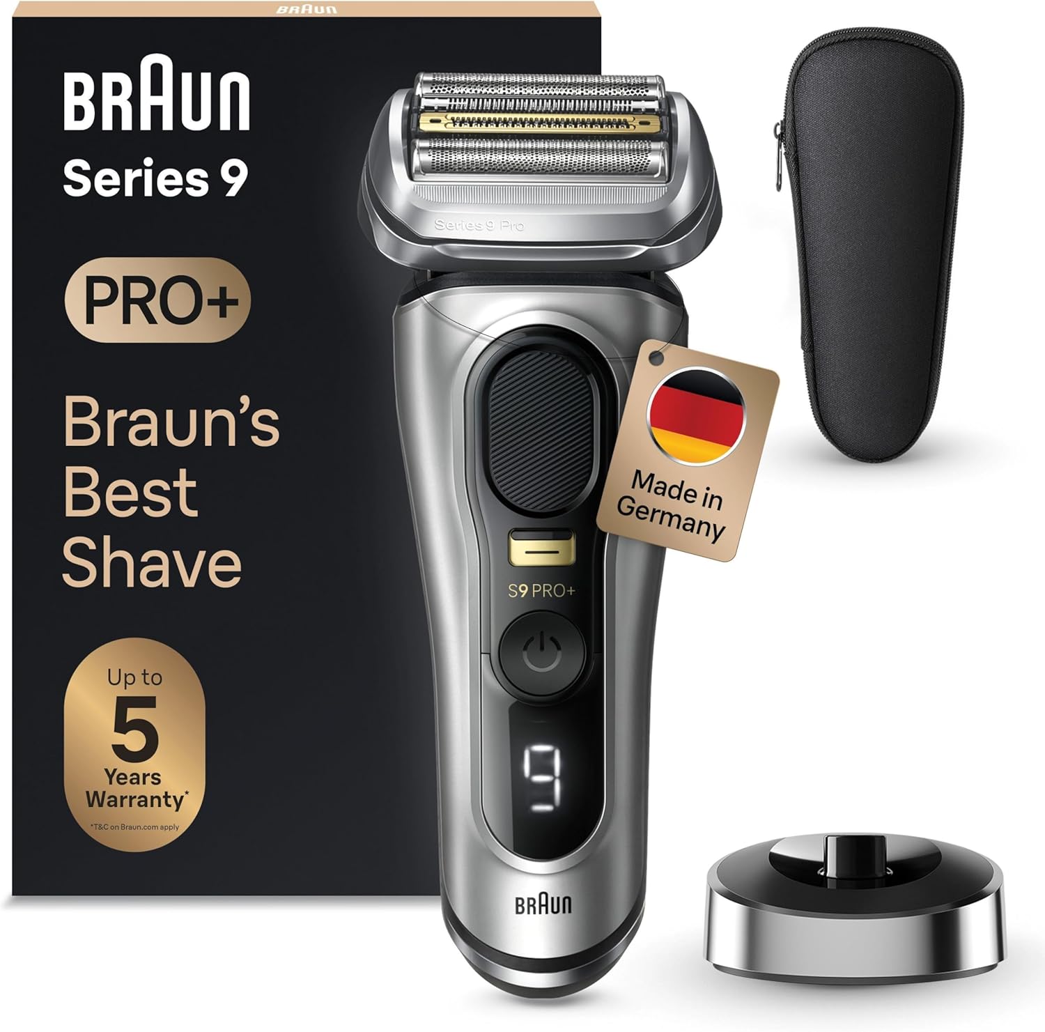Braun Series 9 Pro+ 9517s electric shaver with charging stand, travel case, and packaging, highlighting 'Made in Germany' and 'Up to 5 Years Warranty'.